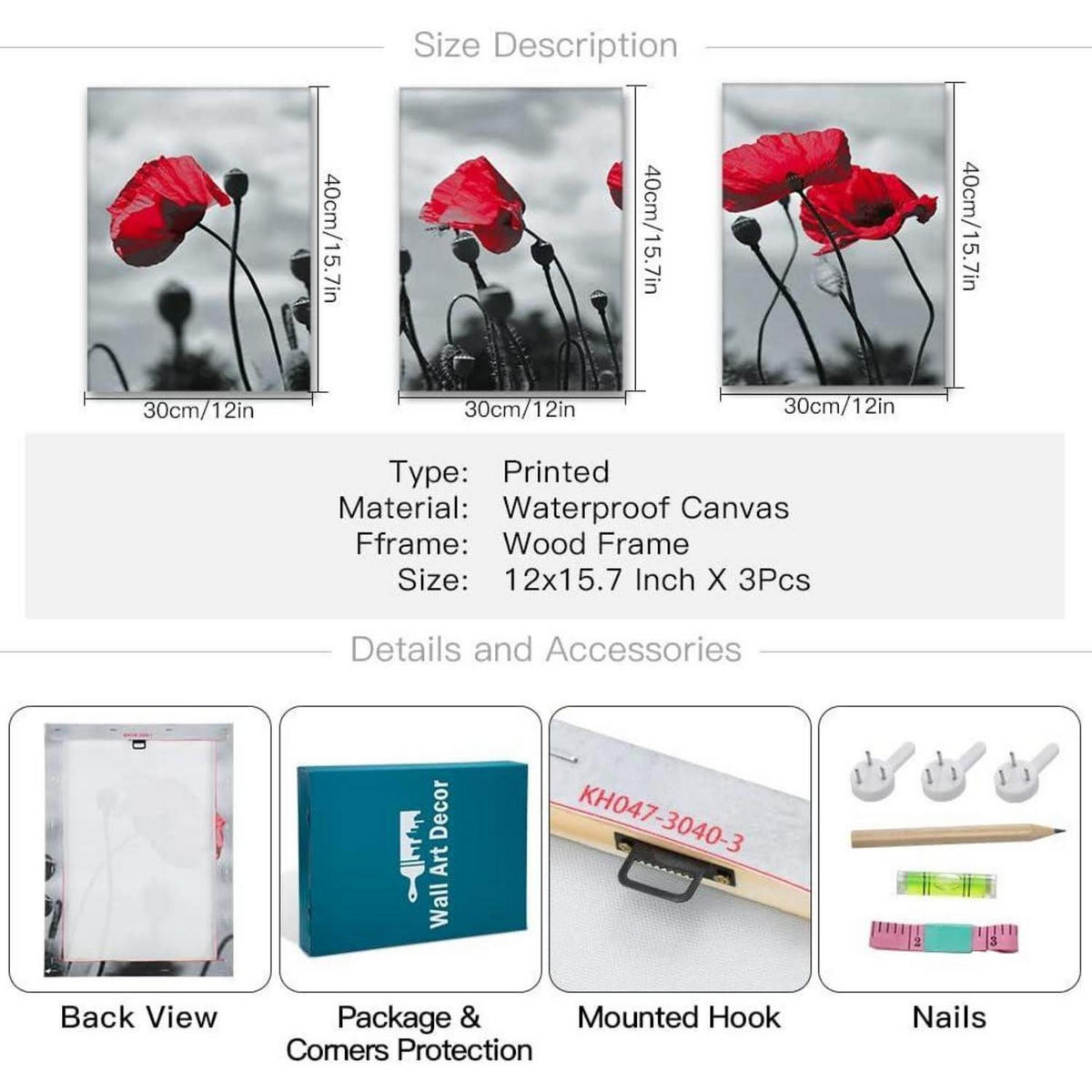 LEINWANDBILD 3-teiliges Set Rote Blume 30 x 40 cm - Rot, Textil (40/0.5cm)