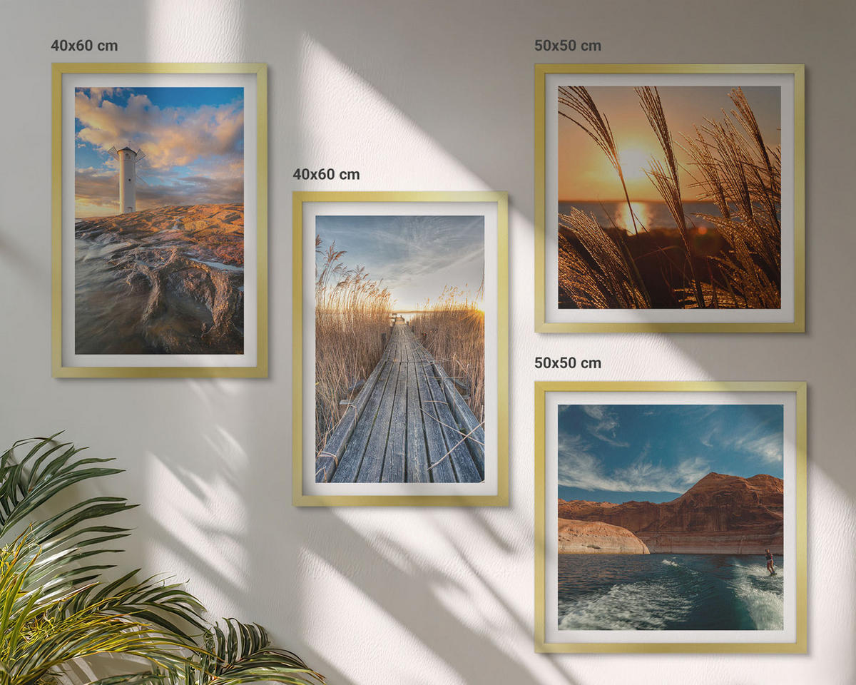 WANDBILDER 4er Set - 50x50 cm & 40x60 cm Goldrahmen - Leuchtturm-Grassteg - Goldfarben, Kunststoff (50/50cm) - ArtPrintCave