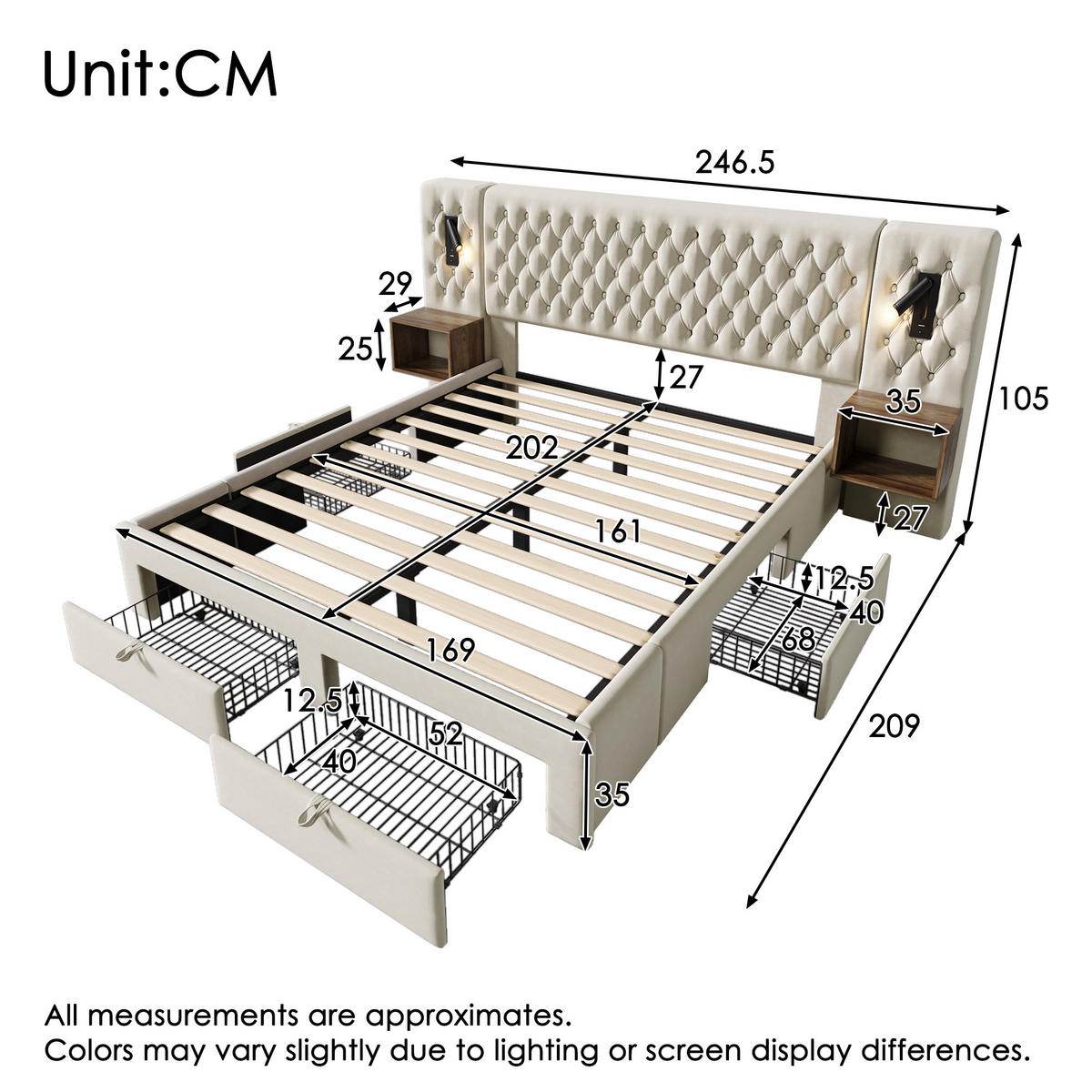POLSTERBETT 160/200 cm Beige mit 2 Nachttischen und 4 Schubladen Mit Matratze - Beige, Textil (160/200cm) - OKWISH