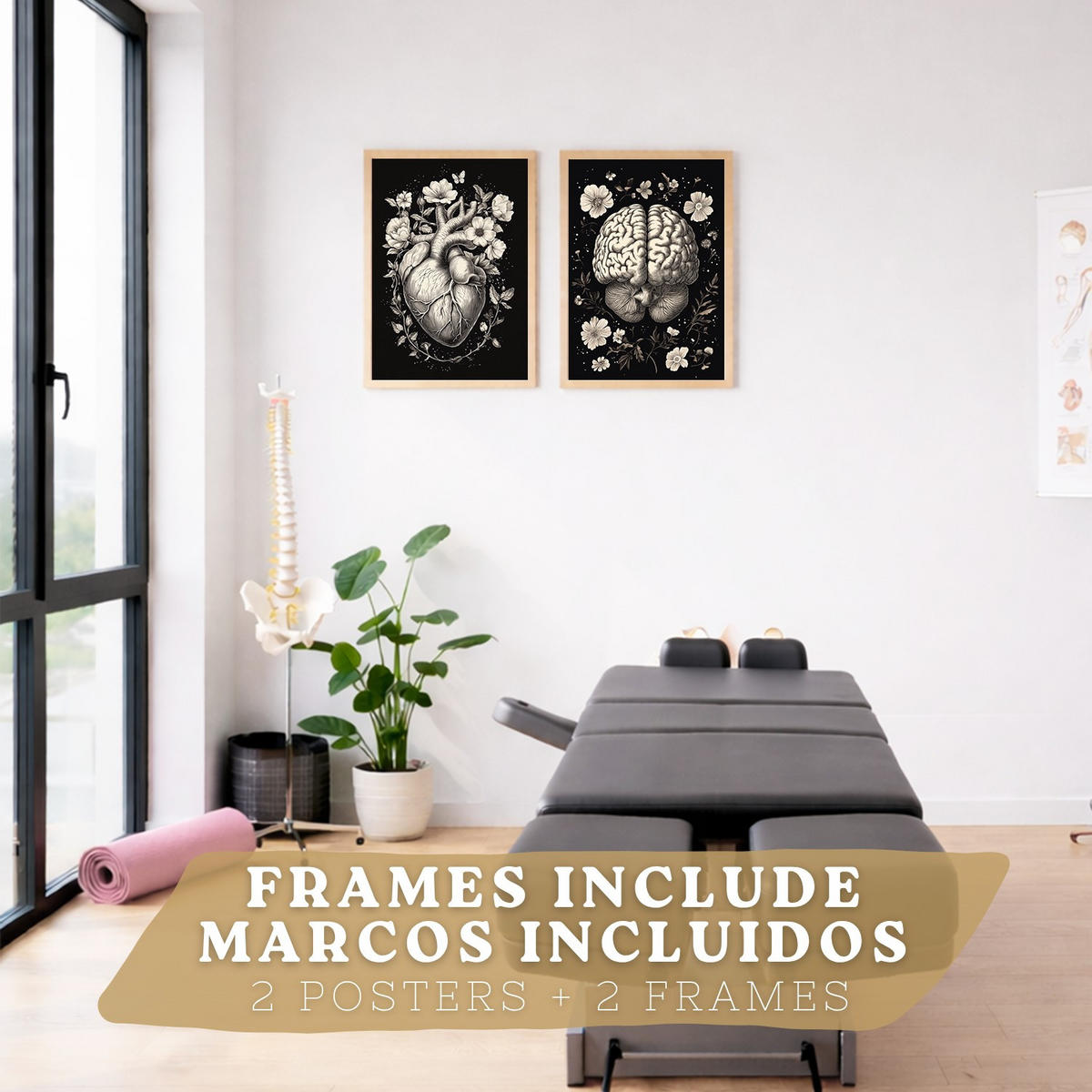 POSTER Set aus 2 Anatomie Mensch Drucke und mit Gehirn und Herz Monochromes Florales Design Schwarzer Hintergrund Größe Leichter Holzrahmen A4 - Beige, Papier (21/29.7/3cm) - Nacnic