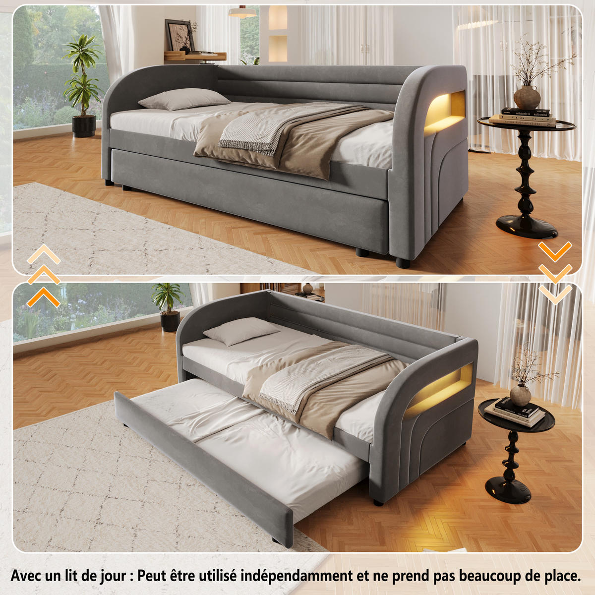 ČALOUNĚNÁ POSTEL 90/200 cm v šedé barvě s výsuvným lůžkem a LED - šedá, kov/kompozitní dřevo (90/200cm) - CHICFURN