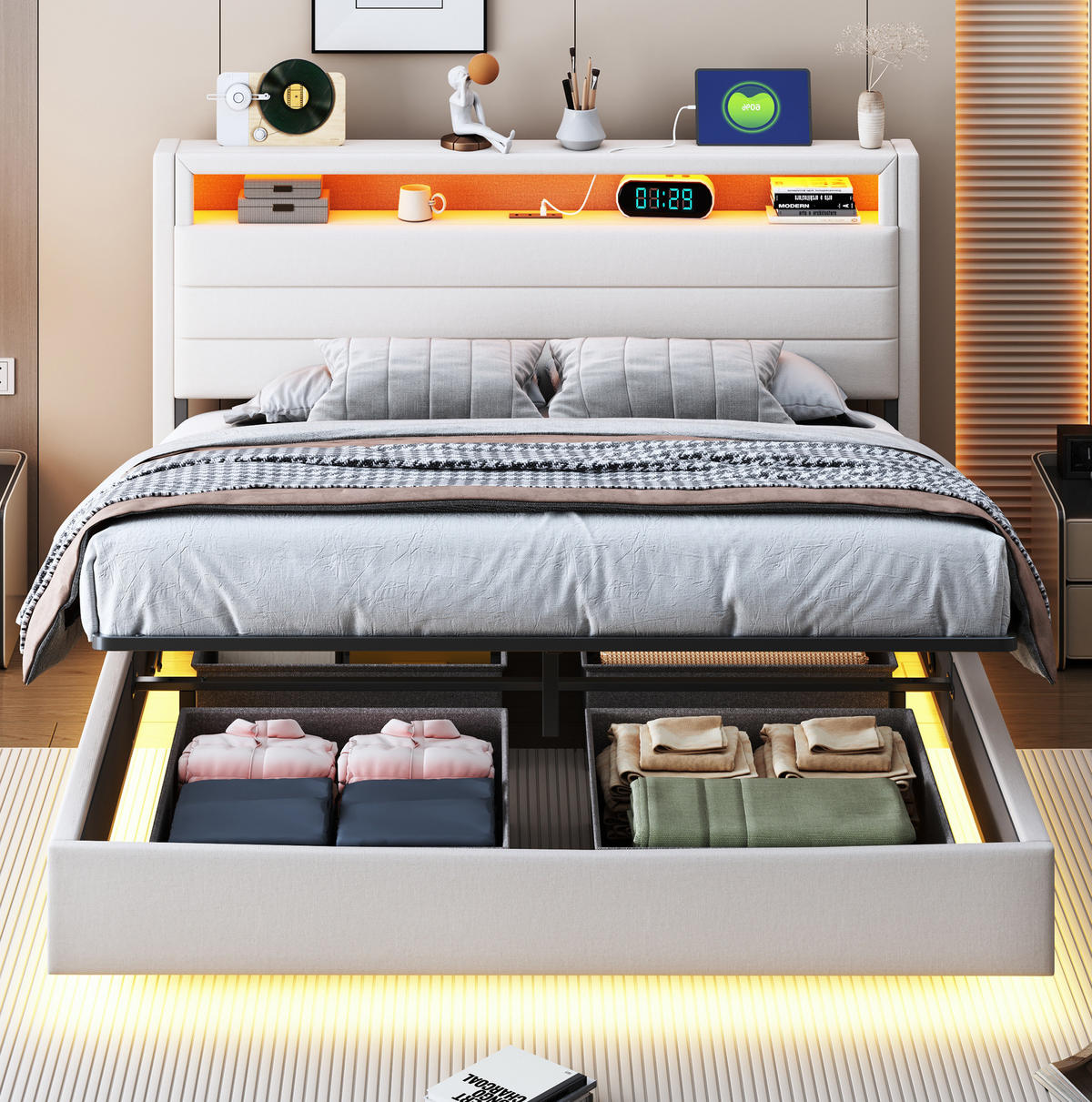 POLSTERBETT 140/200 cm mit LED-Beleuchtung, USB-Anschluss, drehbarem Kopfteil und Bettkasten, Beige - Beige, Textil (140/200cm) - Redom