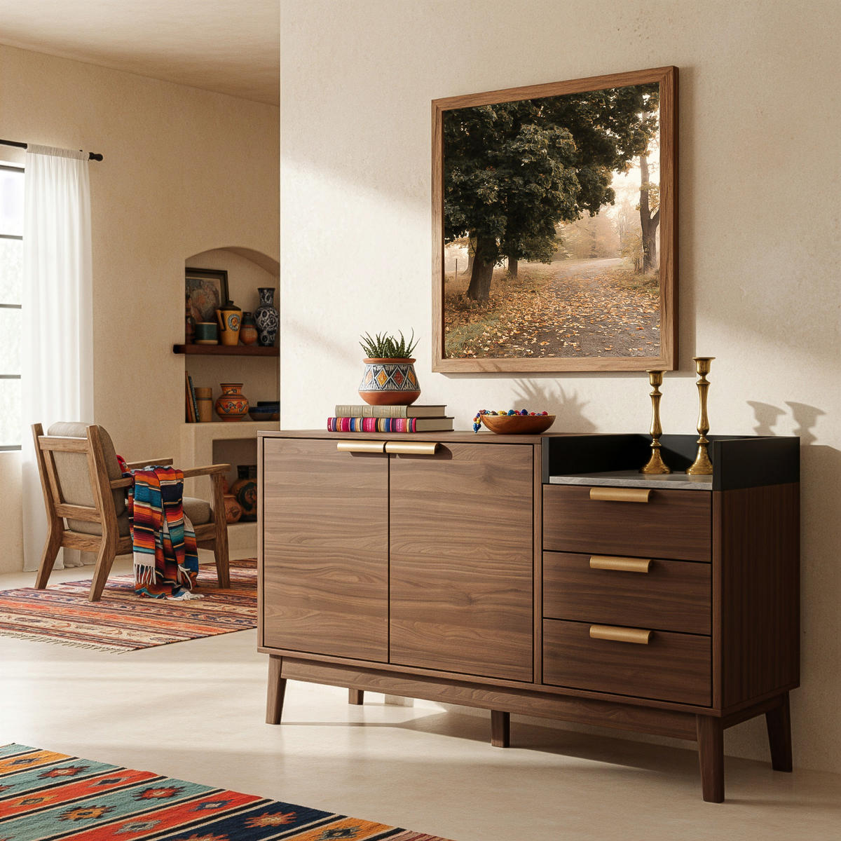 SIDEBOARD mit offener Ablage drei Schubladen Doppeltürschrank höhenverstellbaren Einlegeböden Eiche 120/40/77 cm - Braun, Holz/Holzwerkstoff (120/77/40cm) - EVRYAE