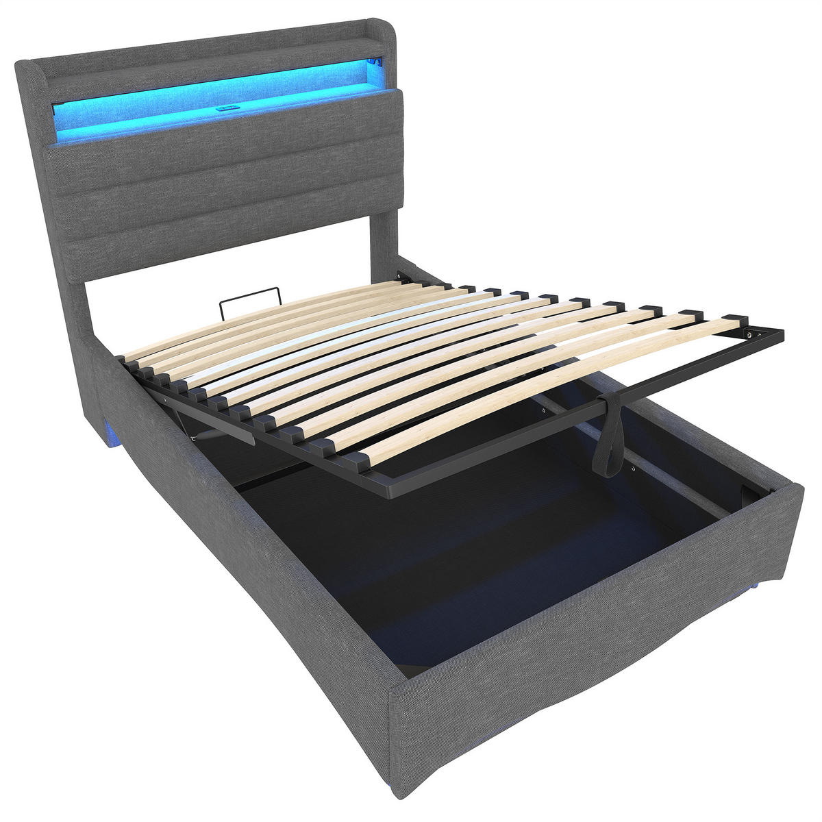 POLSTERBETT 90/200 cm grau aus Leinen mit LED und Stauraum - Grau, Textil (90/200cm) - OKWISH