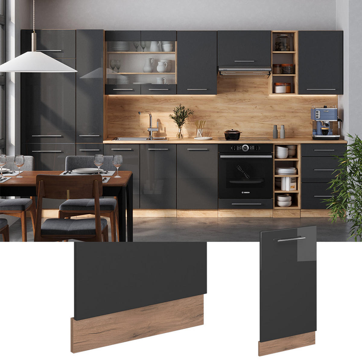 GESCHIRRSPÜLBLENDE Fame-Line Anthrazit Hochglanz 45 cm ohne Arbeitsplatte - Honigeiche/Schwarz Hochglanz, Holzwerkstoff (45/81.8/1.6cm) - Vicco