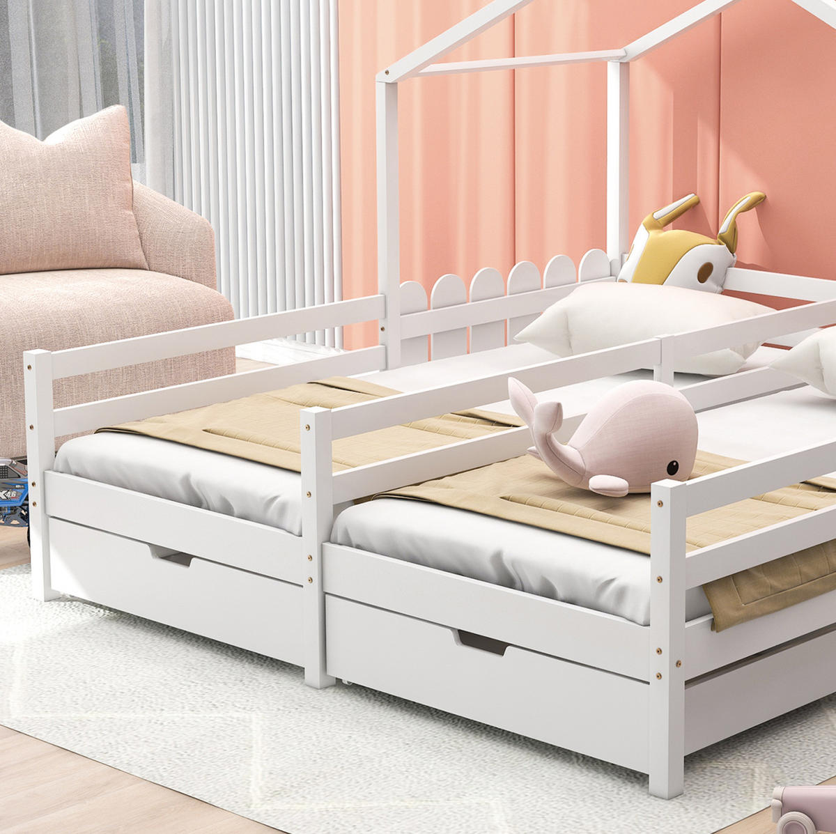 HAUSBETT aus Kiefer und MDF 200x90 cm Weiß mit 2 Schubladen, Schutzgitter und geteiltem Hausbett-Design - Weiß, Holzwerkstoff (90/200cm) - Modfu
