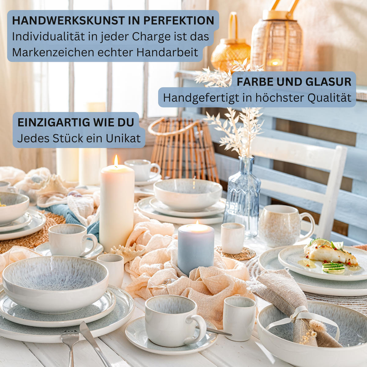 SÄNGER Steingut Geschirrset Santorini, Tafelservice 36 teilig für 12 Personen - Blau, Stein (27/6/27cm) - Sänger