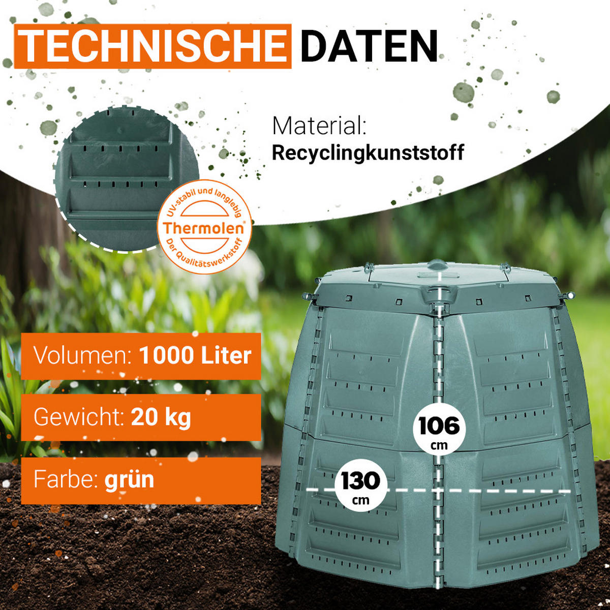 KOMPOSTER 1000 L, grün - Grün, Kunststoff (130/102/130cm) - GARANTIA