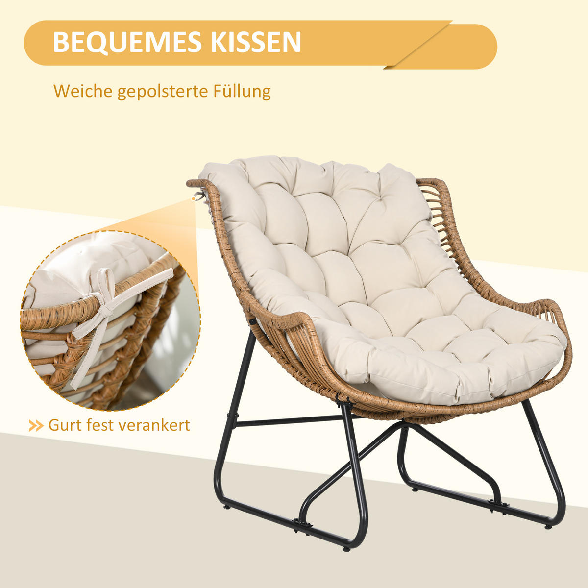 GARTENSESSEL mit dickem Sitzkissen, Stahl, Khaki, 75 x 101 x 90 cm - Braun, Kunststoff (75/90/101cm) - Outsunny