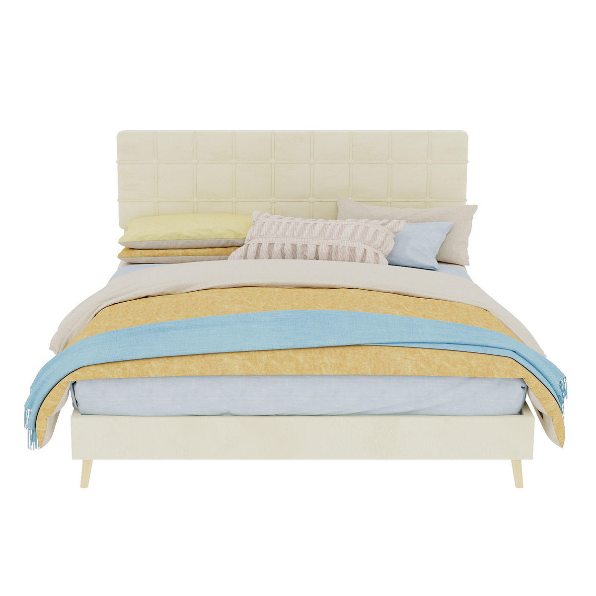 POLSTERBETT 160/200 cm mit karierter Kopfteilpolsterung und Holzfüßen, Beige - Beige, Textil (160/200cm) - Redom