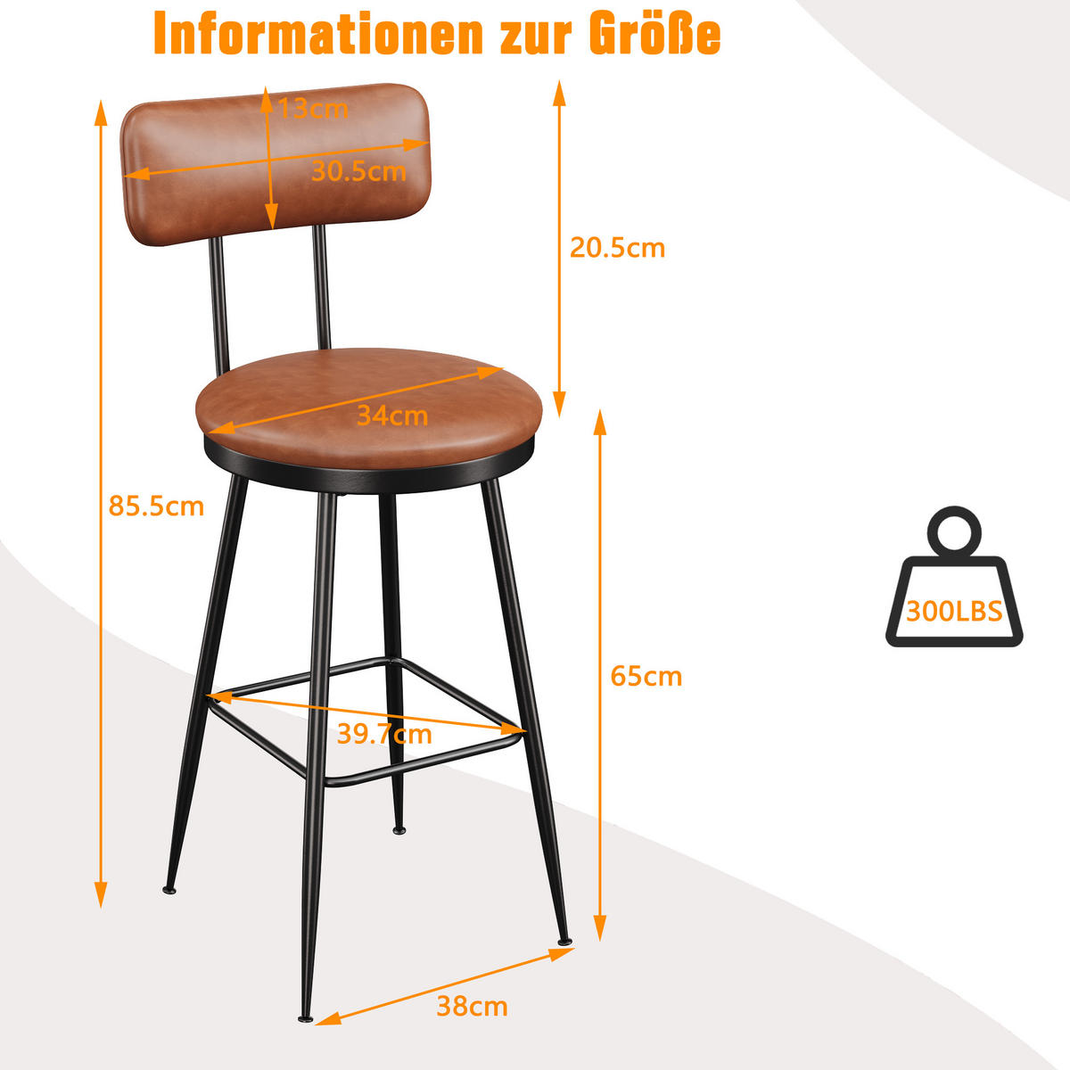 BARHOCKER 4er Set Metallgestell Kunstleder Rückenlehne Fußstütze 65 cm braun - Braun, Holz (38/85.5/38cm) - LEBENLANG
