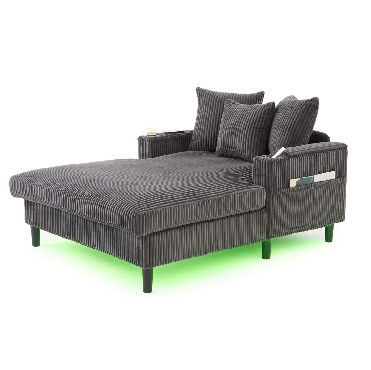CHAISELONGUE 170/129/70 cm mit LED-Beleuchtung, USB-Anschluss, Stauraum und 2 Becherhaltern, Dunkelgrau - Dunkelgrau, Textil (170/70/129cm) - Redom