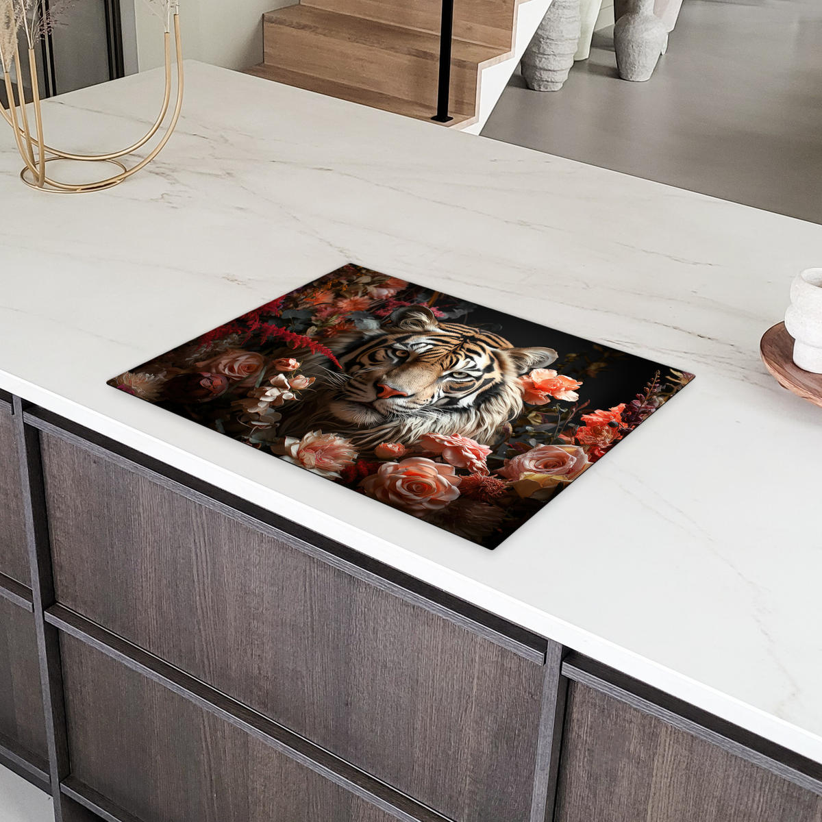 HERDABDECKPLATTE Tiger - Tier - Natur - Floral - Botanisch Herdabdeckung Induktionsfeld 70x52 cm - Orange, Kunststoff (70/52/0.2cm) - MuchoWow