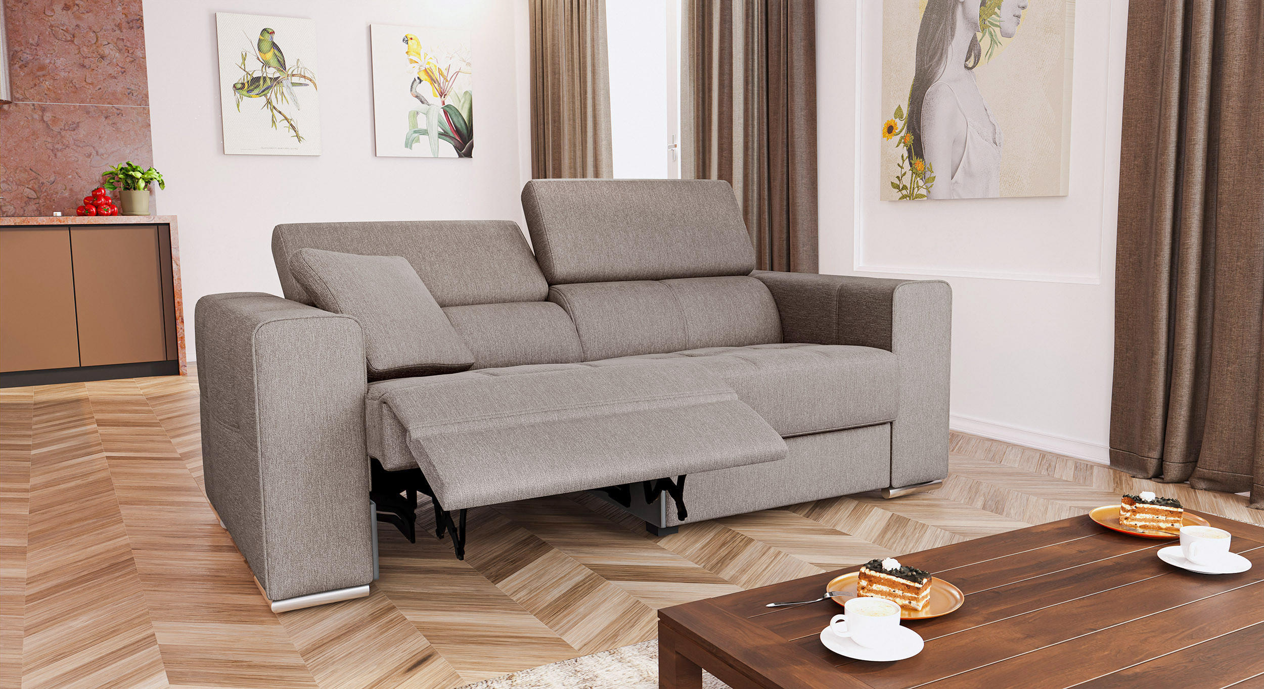 SOFA QUARTZ 3-Sitzer mit 1 Relaxfunktion, beige - Beige/Silberfarben, Holzwerkstoff/Textil (204/80/102cm) - Courtois Laville