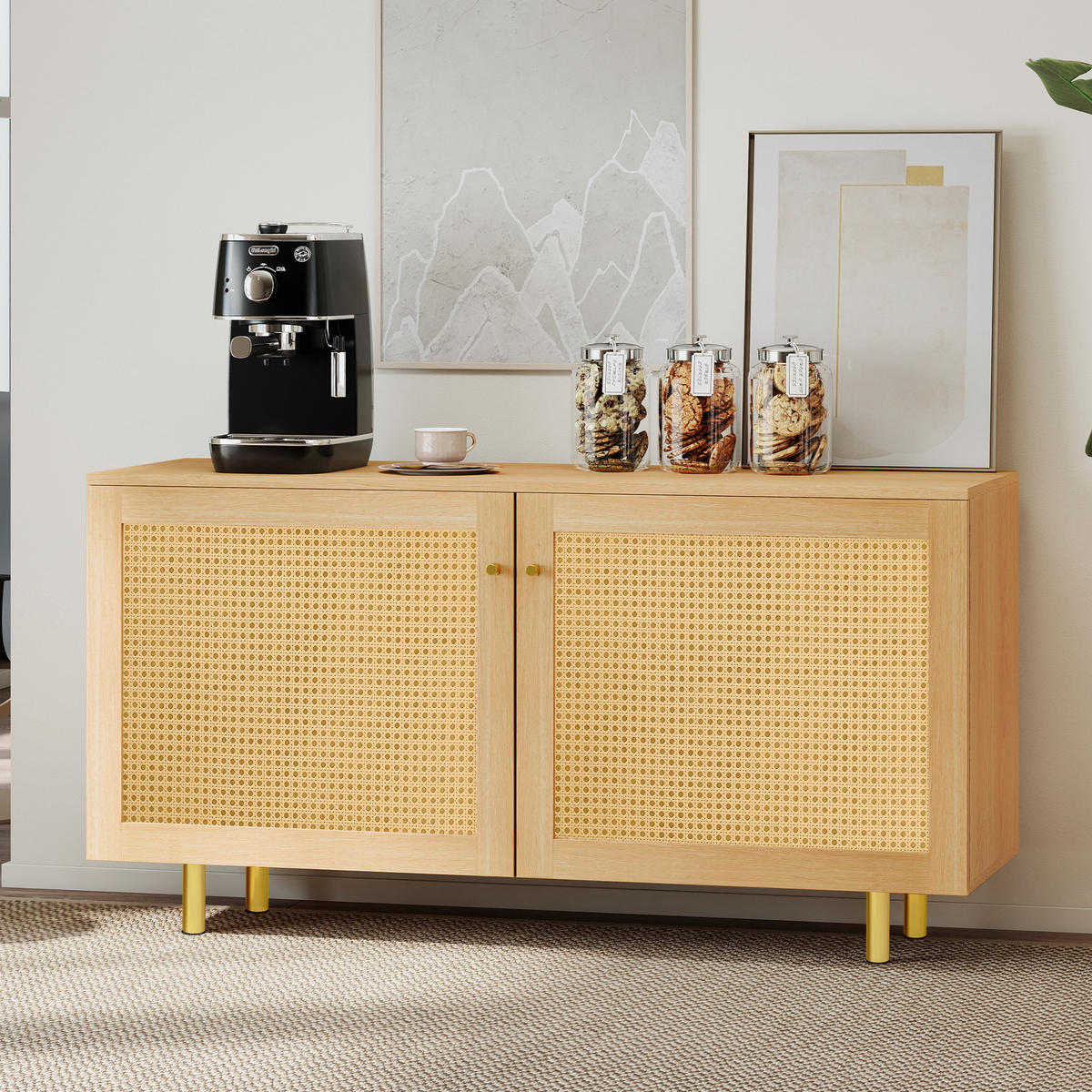 SIDEBOARD 120/40/63 cm mit Rattantüren in Naturholzoptik - Naturfarben, Holzwerkstoff (120/63/40cm) - BEAOK