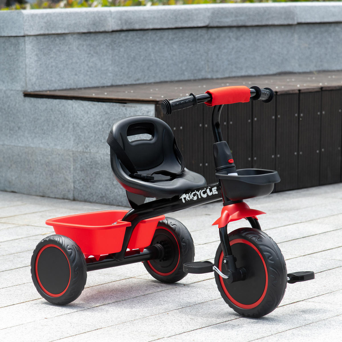 DREIRAD Kinderfahrrad Kinderdreirad mit Beckengurt Pedalen 2 Körben Schwarz+Rot - Rot, Metall (80/48/63cm) - AIYAPLAY