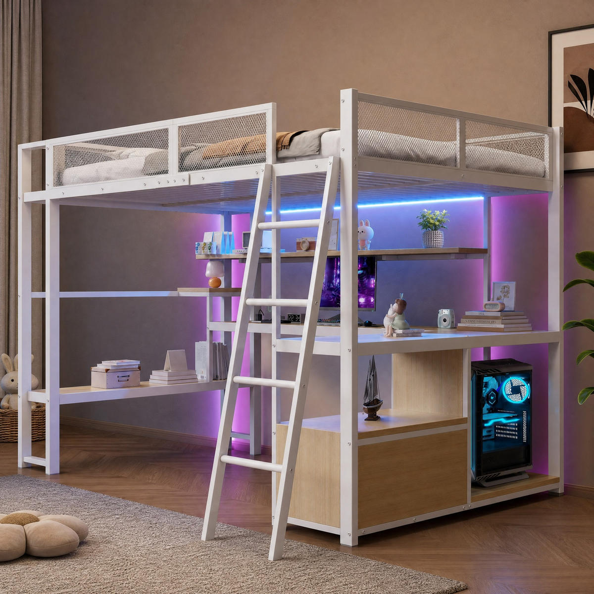 HOCHBETT 140/200 mit LED, Ladestation und Schreibtisch in Weiß - Weiß, Holzwerkstoff/Metall (140/200cm) - EVRYAE