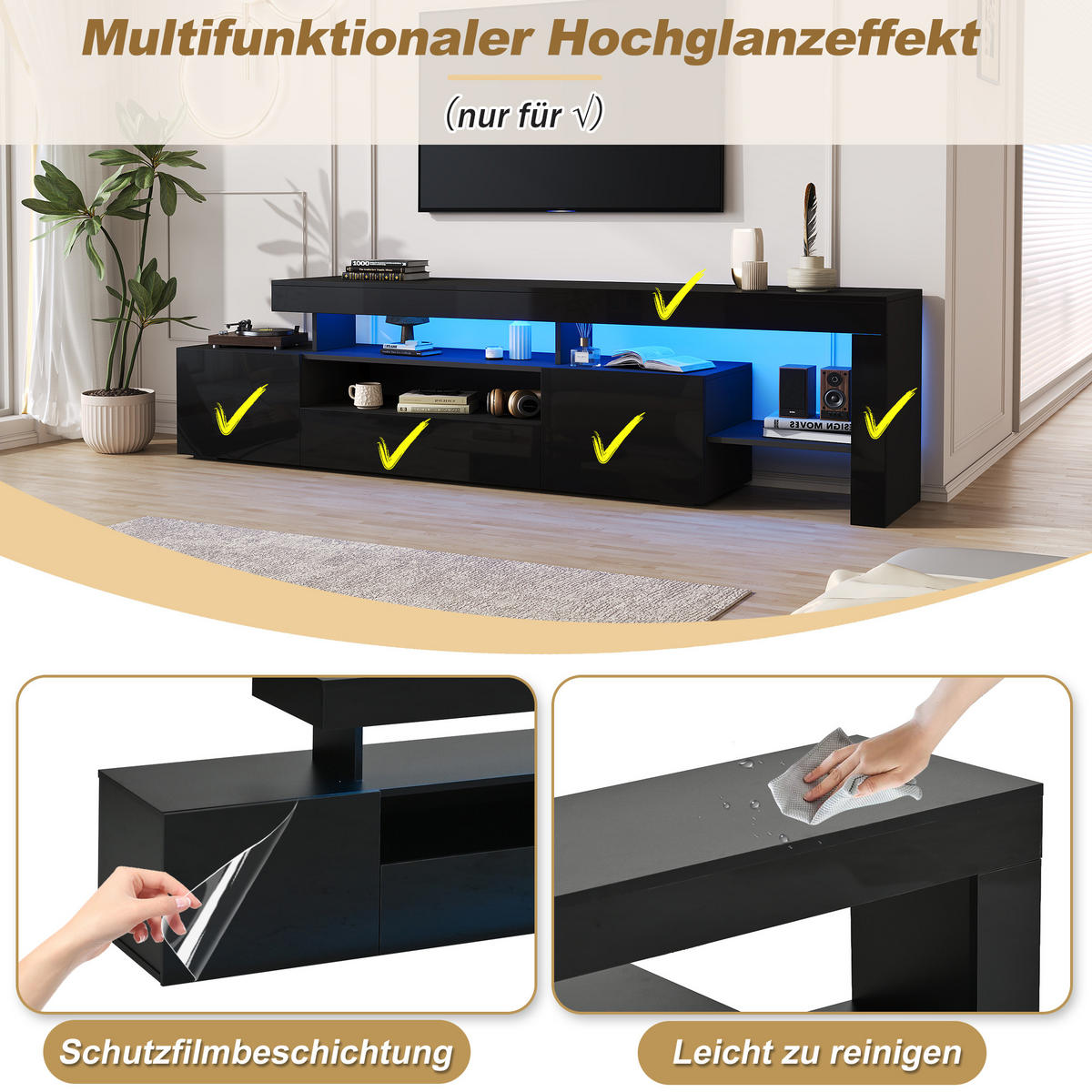 TV-SCHRANK 192/37/53 cm Schwarz mit LED und 3 schränke - Schwarz, Holzwerkstoff (192/53/37cm) - Oxeza