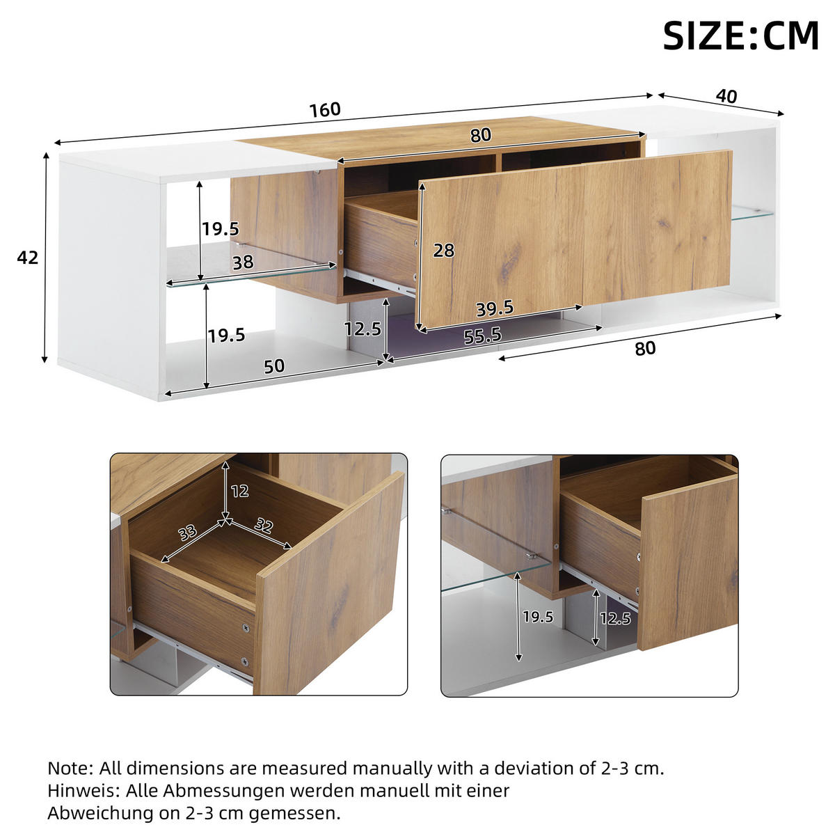 TV-ELEMENT mit LED 160 x 40 x 42 cm Weiß und Eichefarben mit 2 Schubladen - Weiß, Holzwerkstoff (40/42/160cm) - Beauniv
