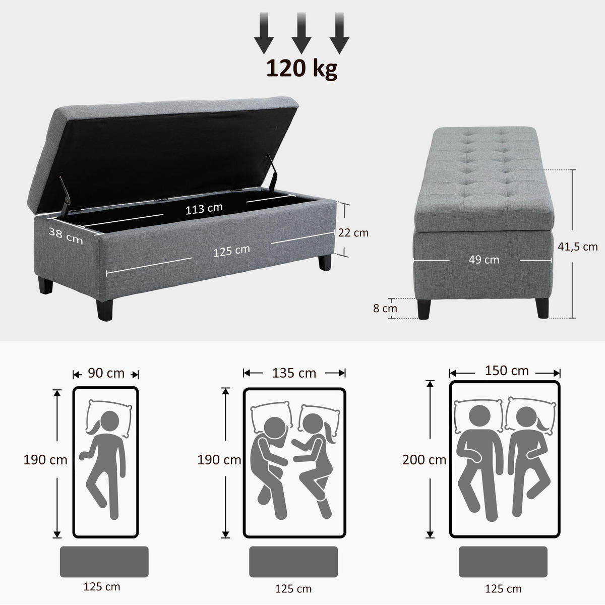 SITZBANK, Polsterbank mit Stauraum, Bettbank mit Deckel, Leinenoptik, Grau - Grau, Kunststoff (49/41.5/125cm) - HOMCOM