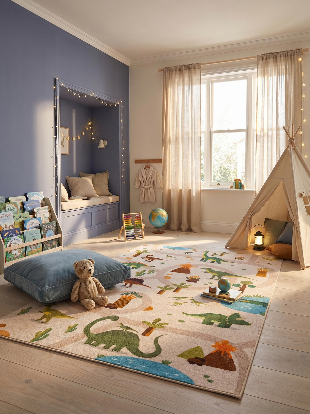 KINDERTEPPICH Kurzflor Dinosaurier-Landschaft Waschbar OEKO-TEX Spielteppich Jungen Mädchen Beige 120x170 – TINO - Beige, Textil (120/170cm) - KADIMA DESIGN