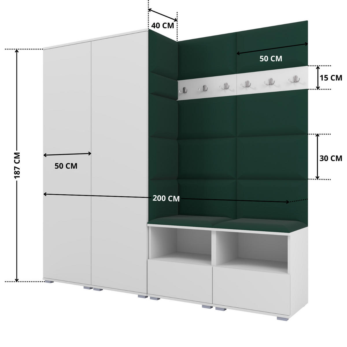 GARDEROBE NELA VI 200 cm (Kompaktgarderobe Weiß mit Sitzpolster Flaschengrün 28 Schrank & Paneel) - Dunkelgrün/Silberfarben, Holz/Holzwerkstoff (200/187/40cm) - Ravio