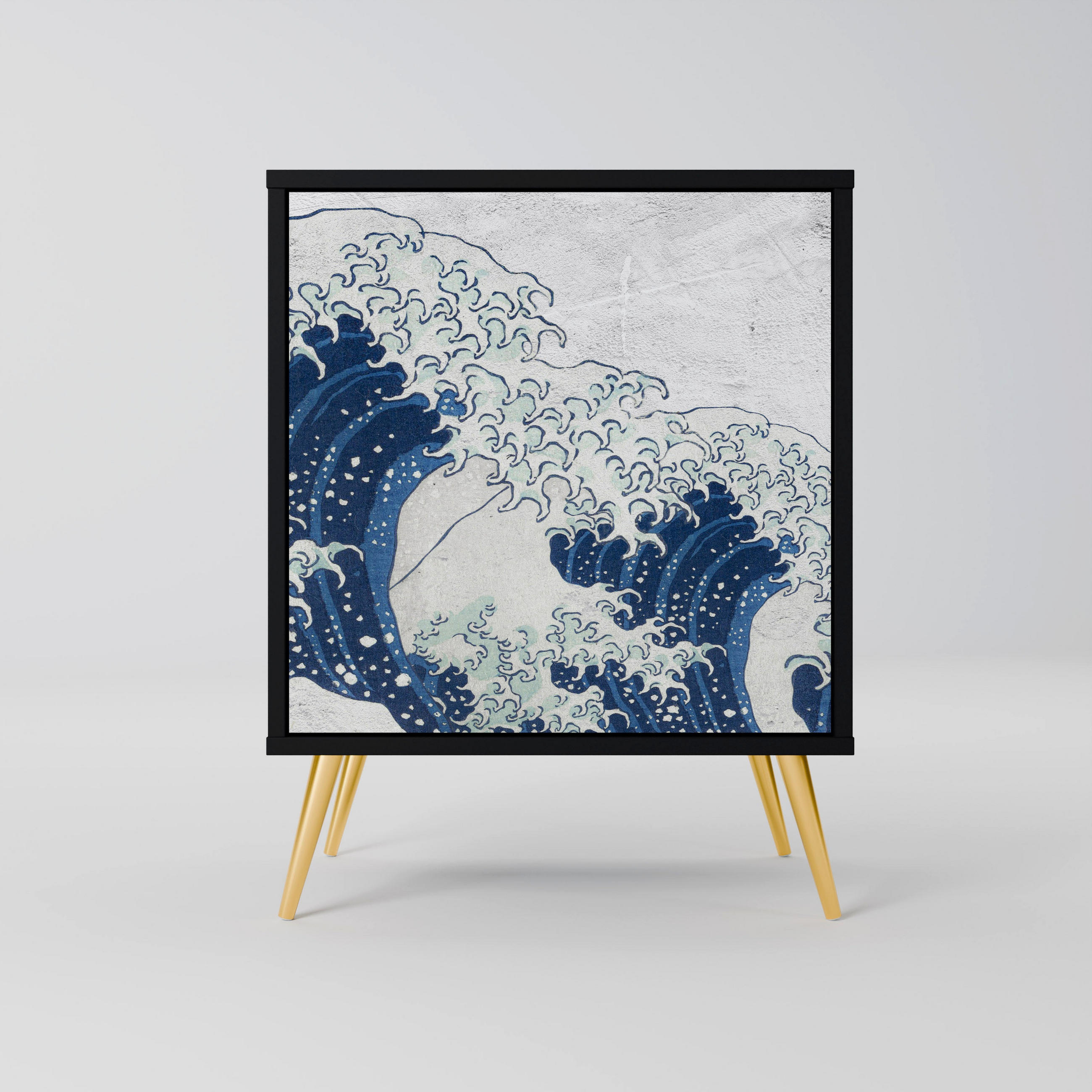 SIDEBOARD THE GREAT WAVE AT KANAGAWA, Schwarz, 57,5x42x75,5 cm, Goldfarbene Metallfüße - Goldfarben/Multicolor, Holzwerkstoff/Metall (57.5/75.5/42cm) - SpaceRebels