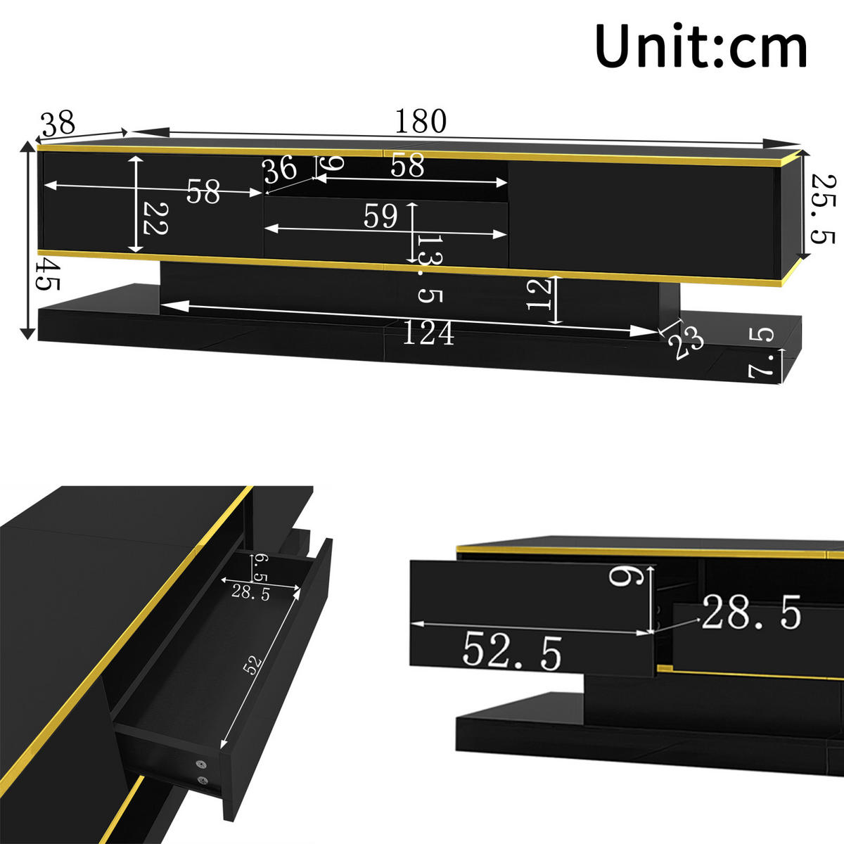 TV Lowboard LED 180 cm, 3 Schubladen, offenes Fach, Schwarz - Schwarz, Holz (180/45/38cm)