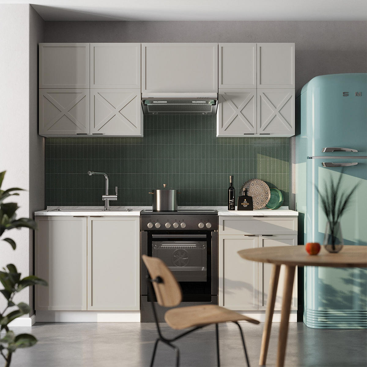 KÜCHENZEILE Fame-Line GrauBeige/Weiß 200 cm, AP Marmor - Weiß/Grau, Holzwerkstoff (200/81.6/60cm) - Vicco