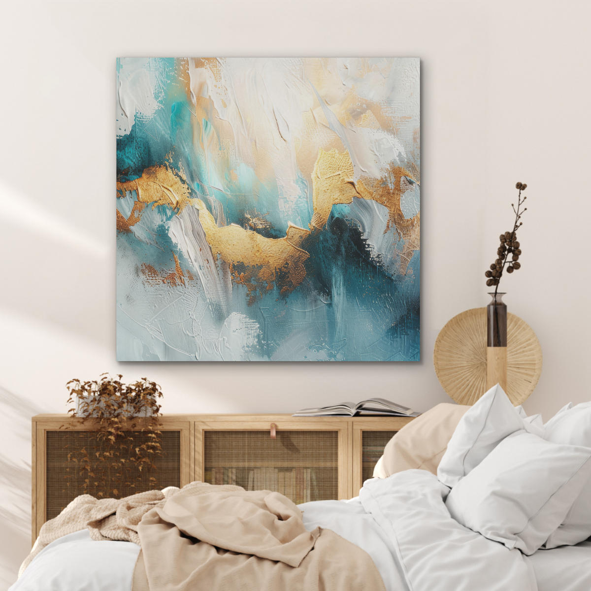 AKUSTIKPANEEL Abstrakt - Kunst - Gold - Blau 90x90 cm - Petrol, Textil (90/0.9/90cm) - MuchoWow