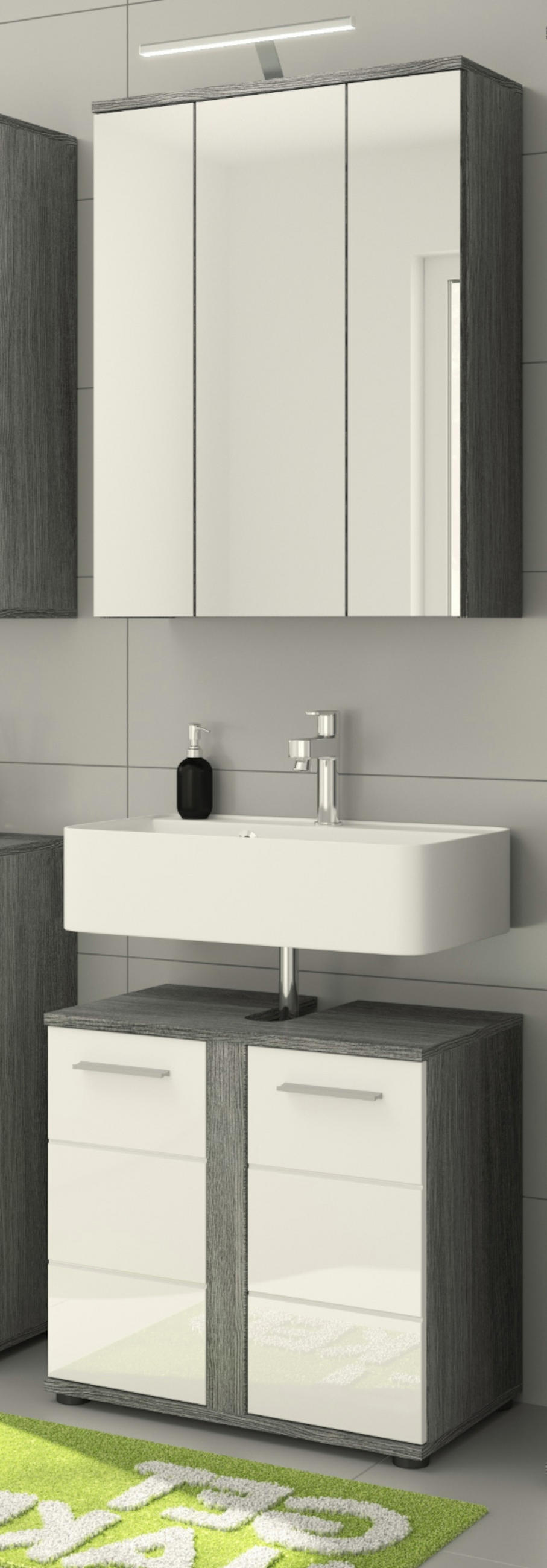 BADMÖBEL-SET weiß Hochglanz, grau 2-teilig 60 cm, 11 Fächer - Weiß Hochglanz/Grau, Glas/Holzwerkstoff (60/191/34cm) - Inn.Furn