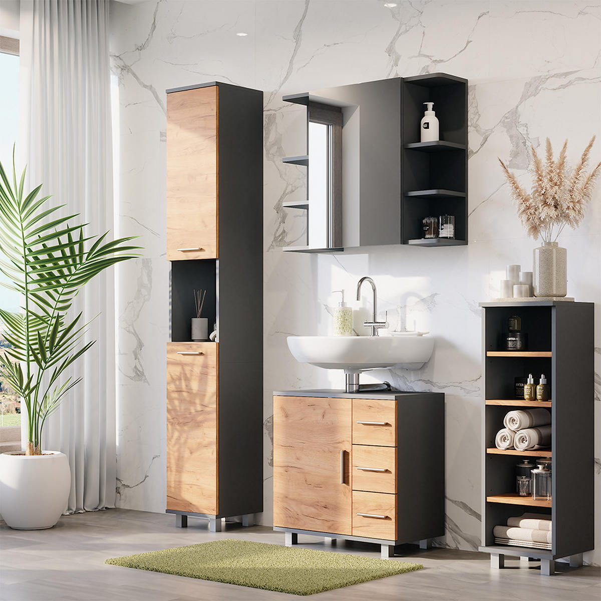 BADMÖBEL-SET Ilias Anthrazit/Goldkraft Eiche 4 Teile - Honigeiche/Anthrazit, Holzwerkstoff (60.2/60.8/33cm) - Vicco