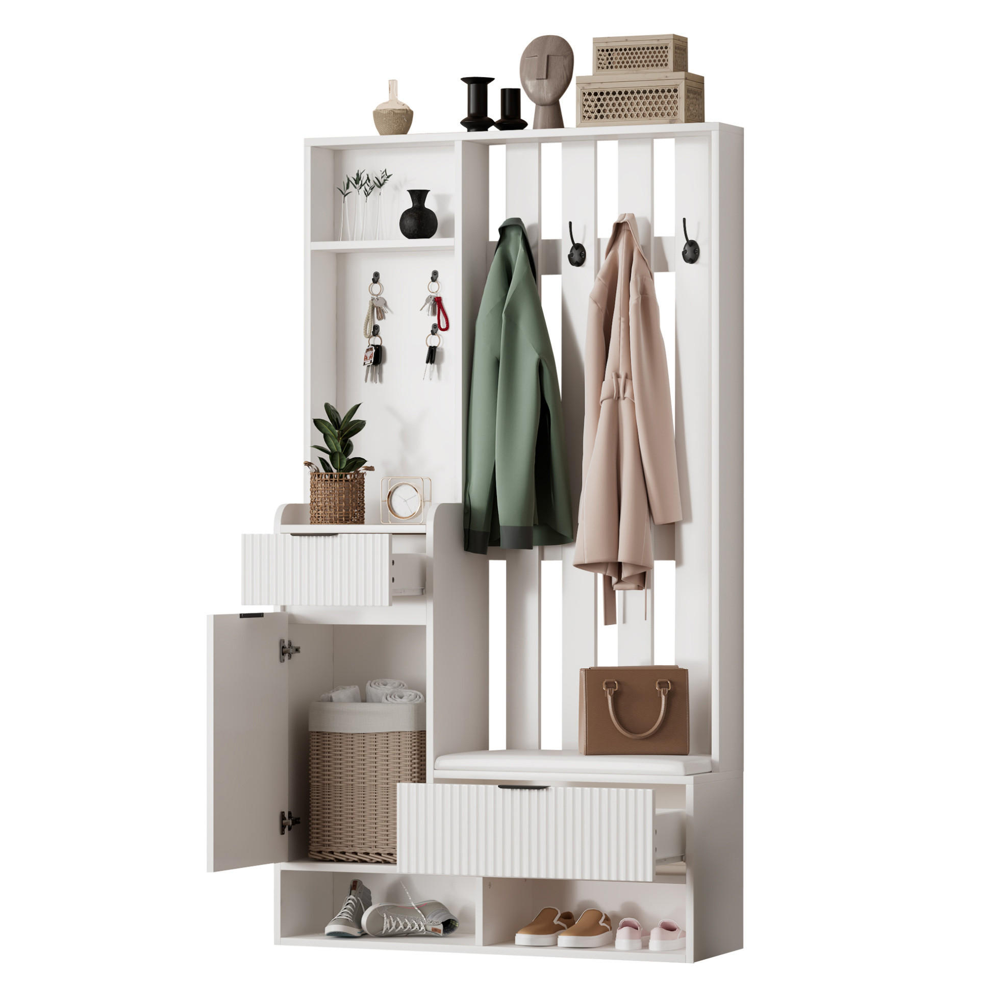 GARDEROBE 6-in-1 mit Sitzbank 100 x 30 x 180 cm Weiß - Weiß, Holzwerkstoff (30/180/100cm) - Beauniv