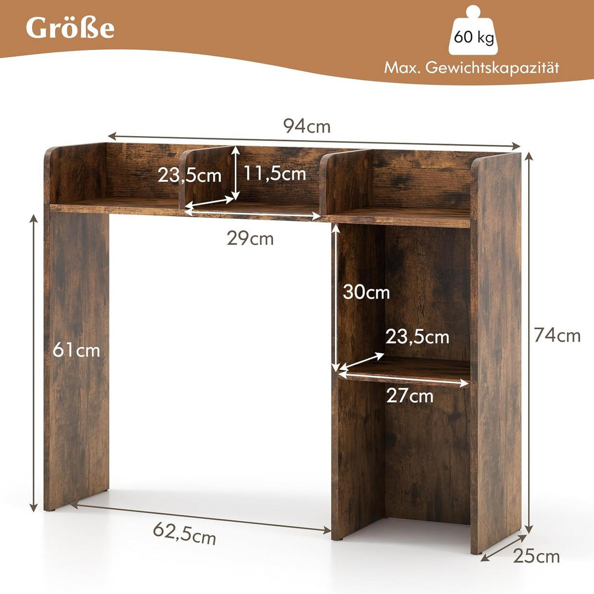 SCHREIBTISCHREGAL Braun - Braun, Holz (94/25/74cm) - COSTWAY