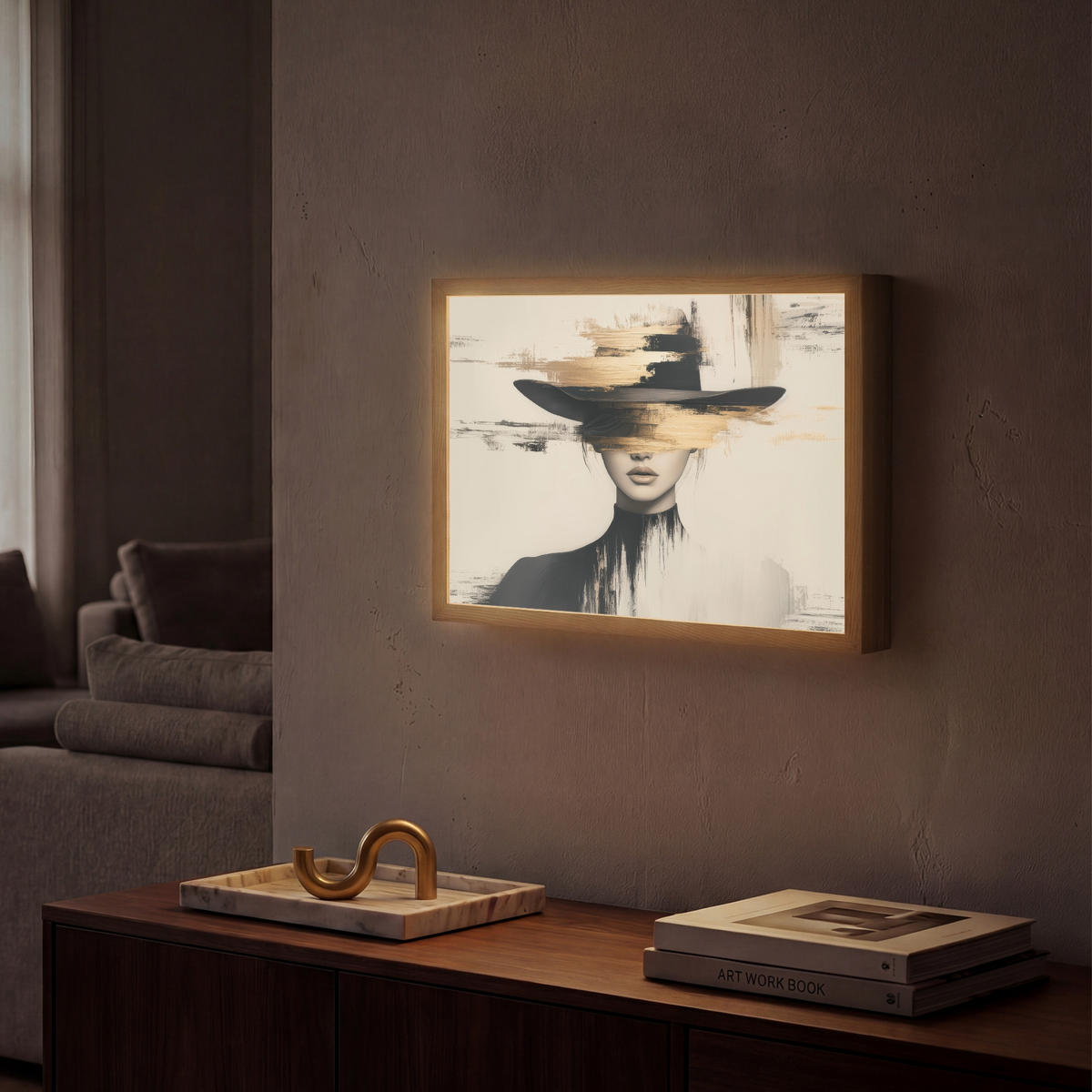 NÁSTĚNNÁ LAMPA S AKUMULÁTOREM Žena - klobouk - barva 40x30 cm - krémová, kompozitní dřevo (40/30/8cm) - OnlyWow