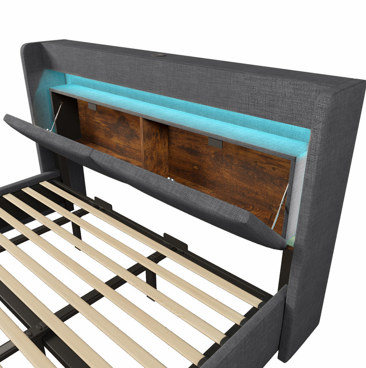 POLSTERBETT aus Leinen 180x200 cm Grau mit Bettkasten, LED-Beleuchtung, USB- und USB-C-Anschluss - Grau, Textil (180/200cm) - IVMEU