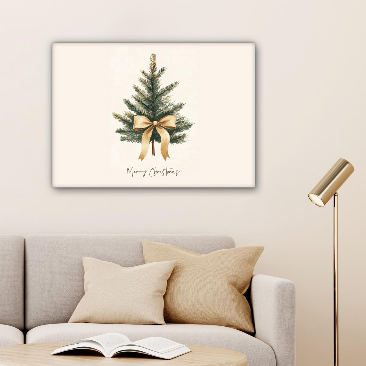 LEINWANDBILD Weihnachtsbaum - Weihnachten - Frohe Weihnachten - Beige Wandbilder 80x60 cm - Sandfarben, Textil (80/60cm) - MuchoWow