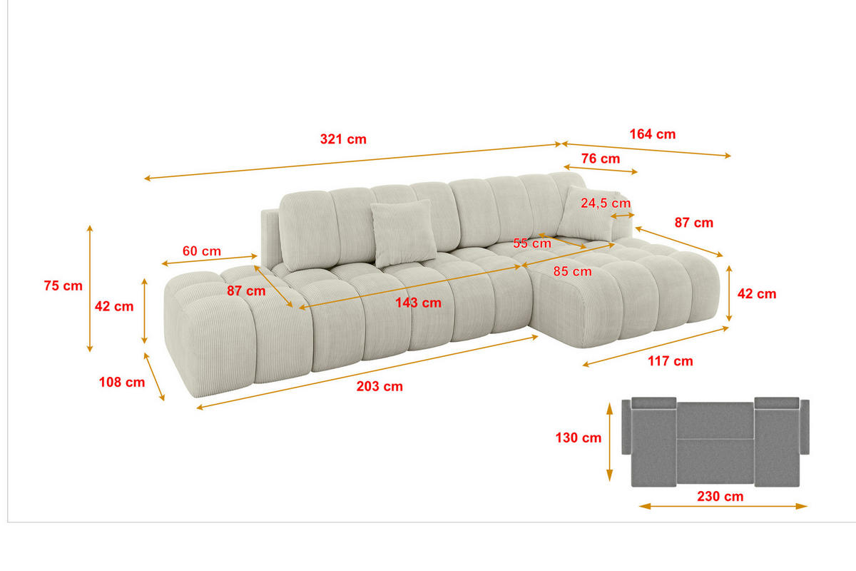 ECKSOFA mit Schlaffunktion Ottomane RECHTS OLEA-L2 321x164x75 Creme Cord - Ecru/Schwarz, Holzwerkstoff/Kunststoff (164/321cm) - ALTDECOR