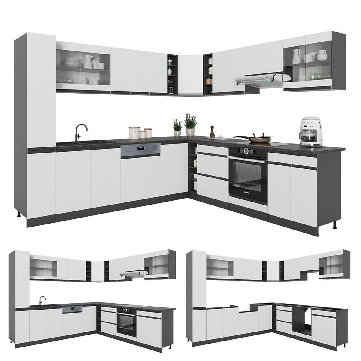 ECKKÜCHE R-Line Weiß/Anthrazit 257 x 277 cm J-Shape, AP Eiche - Anthrazit/Weiß, Holzwerkstoff (277/81.6/60cm) - Vicco