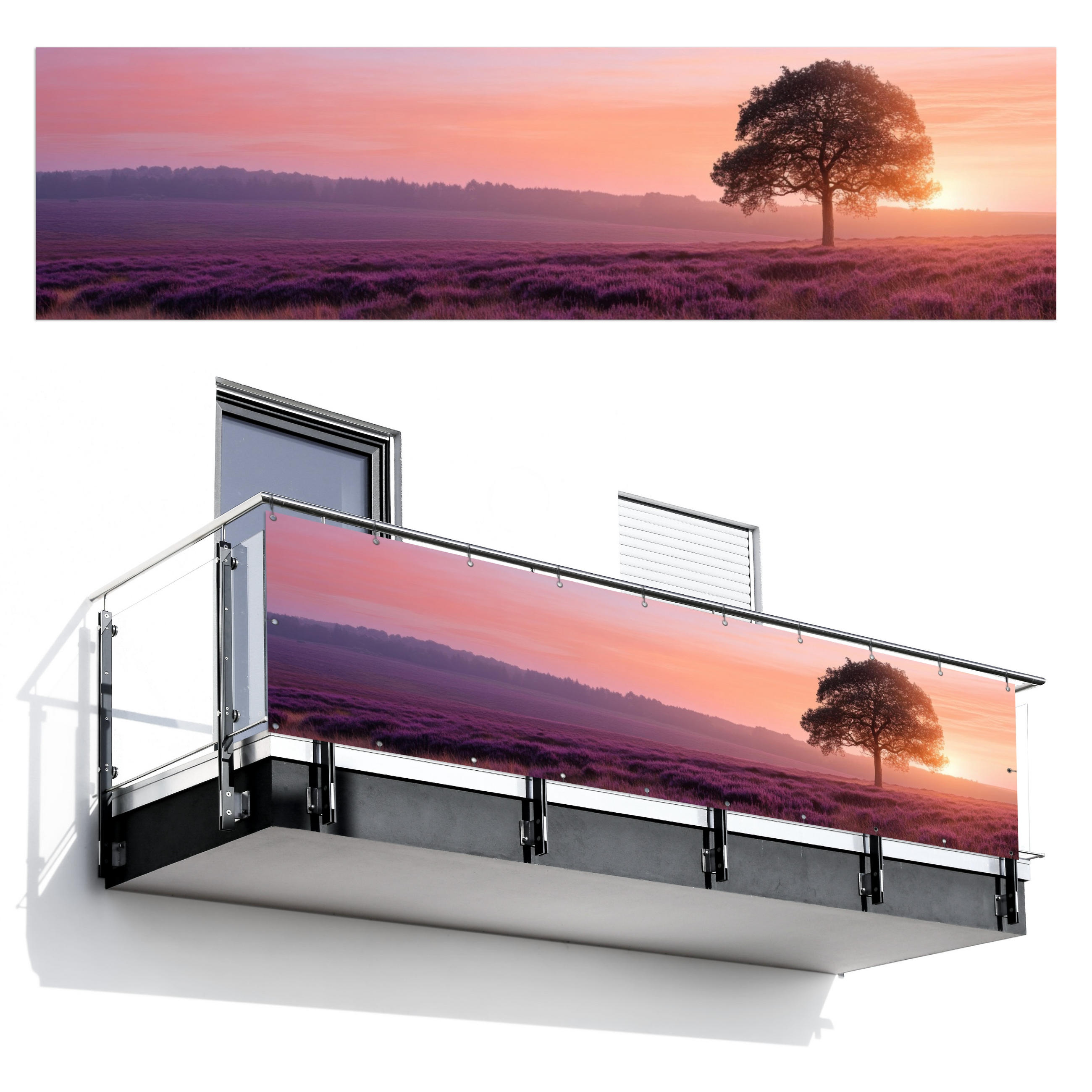 BALKON-SICHTSCHUTZ Baum - Heidekraut - Sonnenaufgang - Flieder, Kunststoff (300/75cm) - MuchoWow