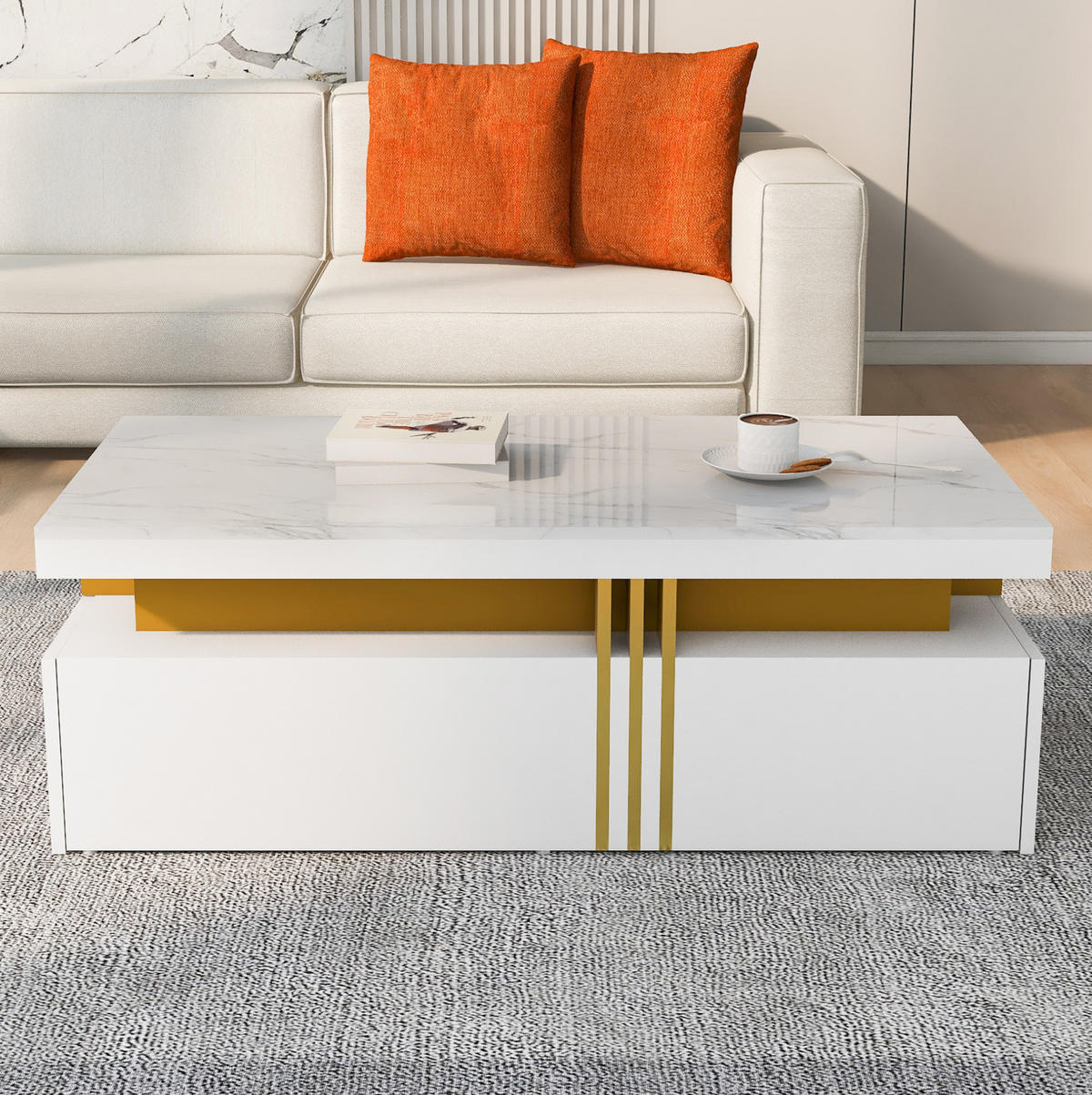COUCHTISCH aus Spanplatte 100x50x40 cm Weiß mit 2 Schubladen, Hochglanzplatte und marmorierter Tischplatte - Weiß, Holzwerkstoff (100/50/40cm) - Modfu
