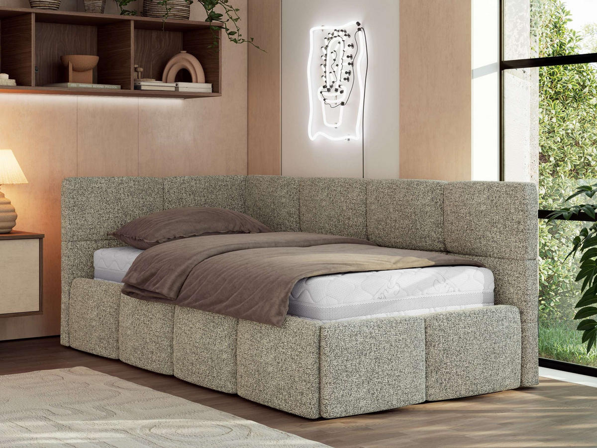 JUGENDBETT ARVO 90/200 - Grau Strukture - Pocket-Matratze - Links Seite - Grau, Textil (90/200cm) - MKS