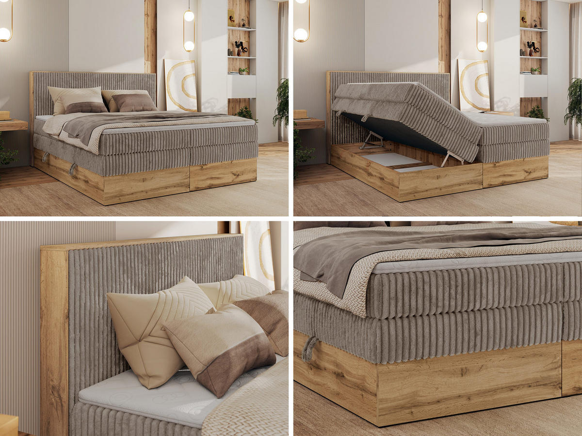 BOXBETT WOOD CLASSIC KING 180/200 - Hellbraun Cord - H4 - Hellbraun, Textil (180/200cm) - MKS