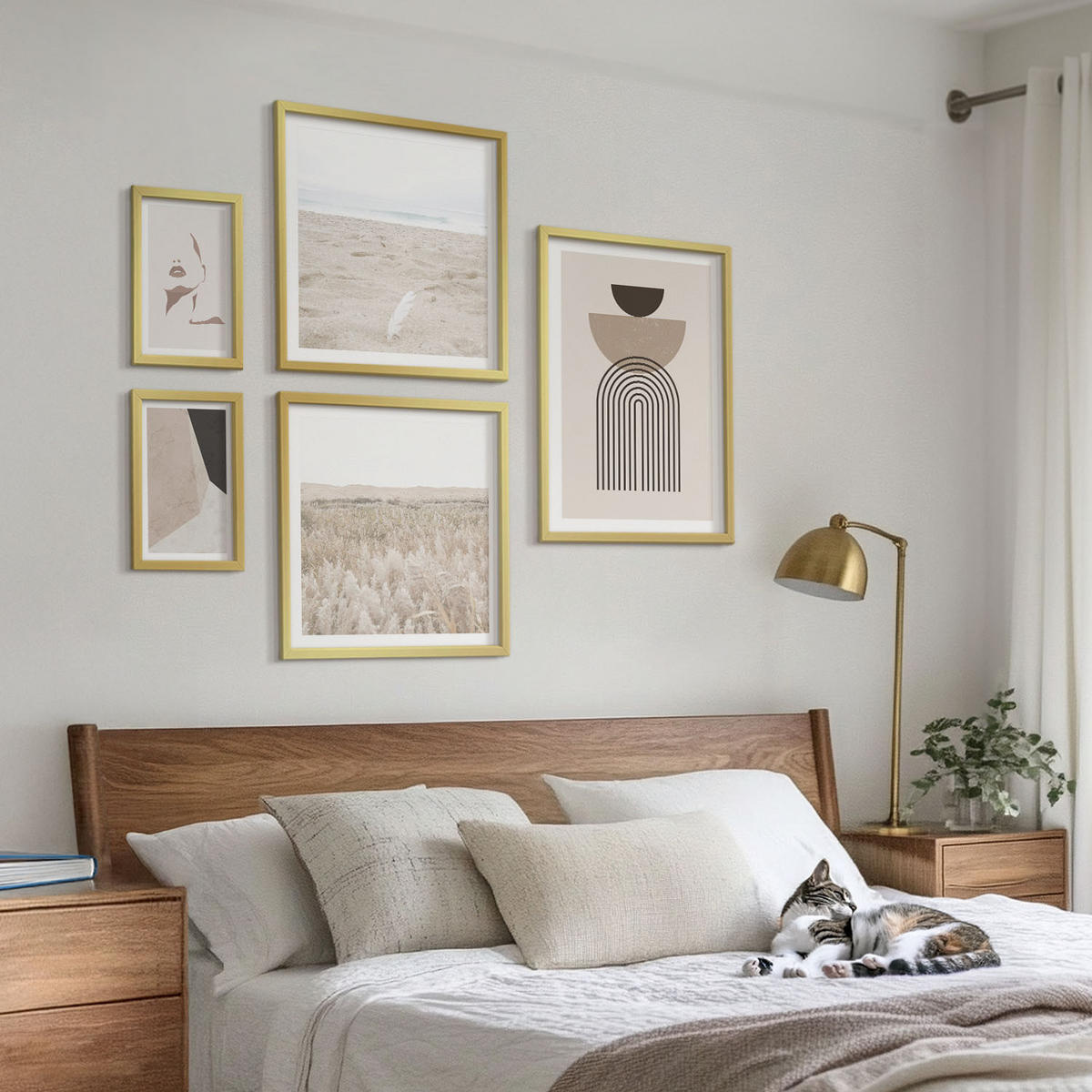 BILDER SET 5er Set - 50x50 cm & 20x30 cm & 40x60 cm Goldrahmen - Abstrakte weiß-braune Muster - Goldfarben, Kunststoff (40/60cm) - TULUP