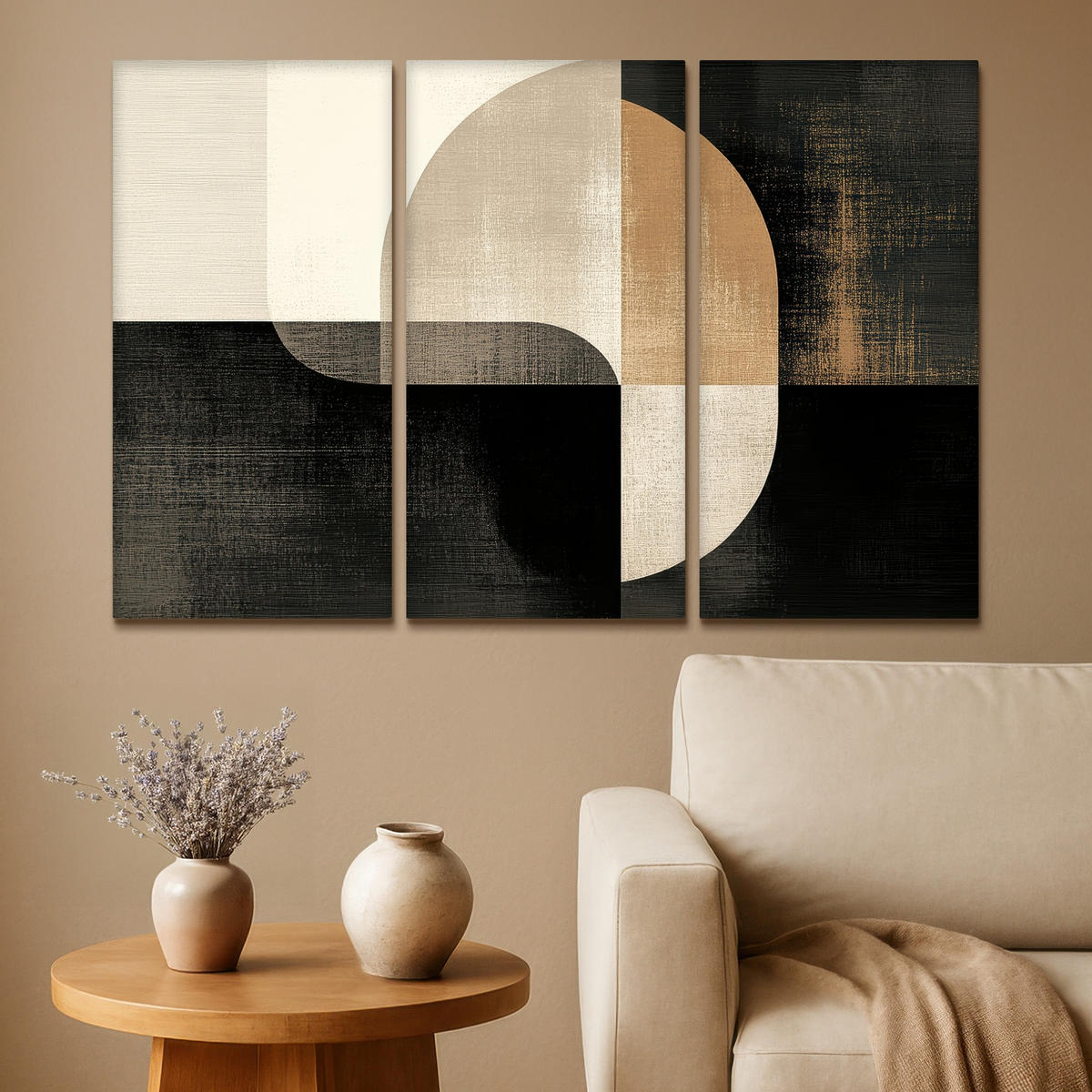 LEINWANDBILD 3er Set Formen - Abstrakt - Gold 120x80 cm - Schwarz, Textil (120/80cm) - MuchoWow