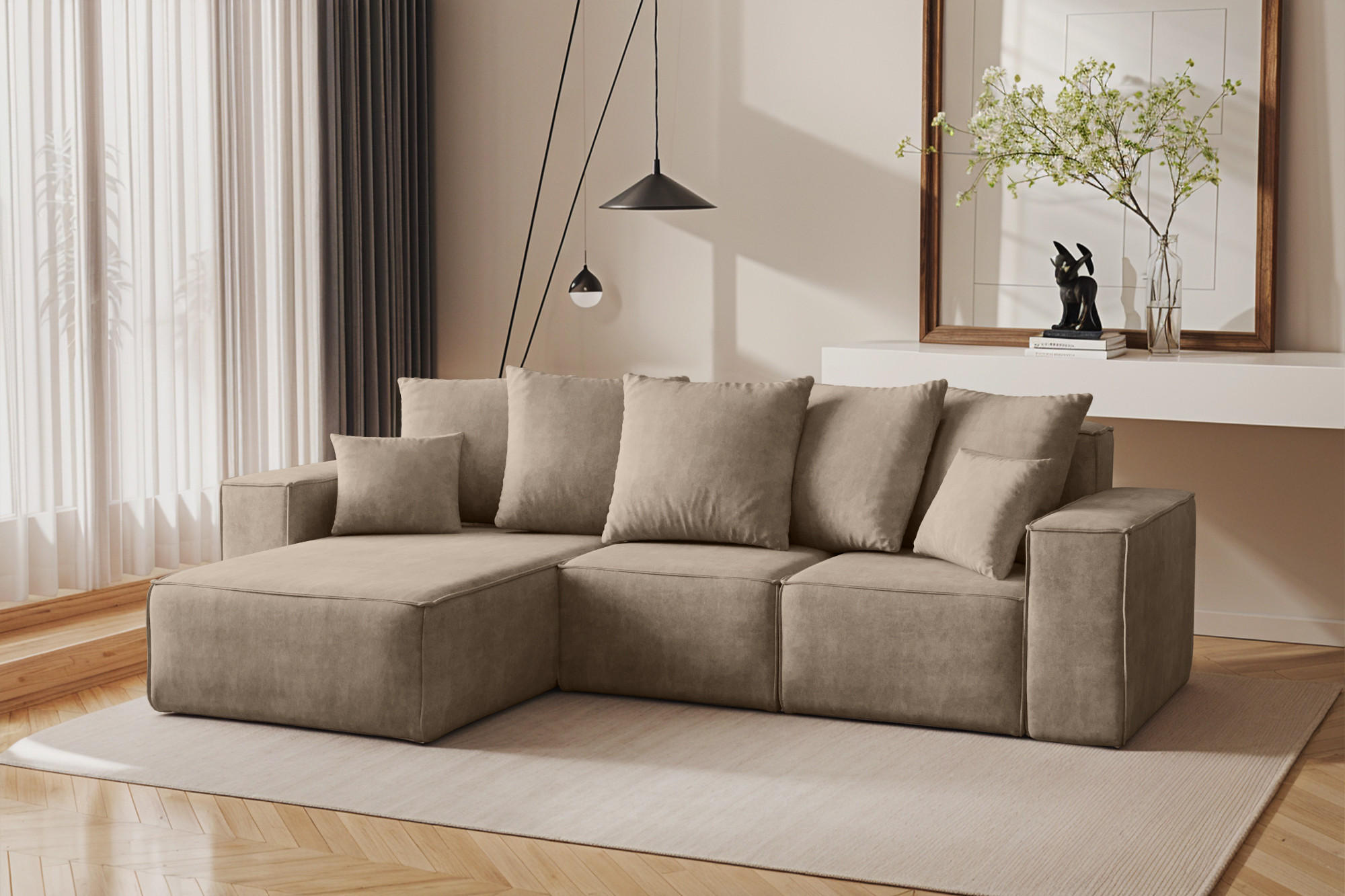 ECKSOFA L-Form Premium Kollektion ELLA Stoff Velours Noel Beige Links - Beige, Holz/Textil (168/262cm) - Kaiser Möbel