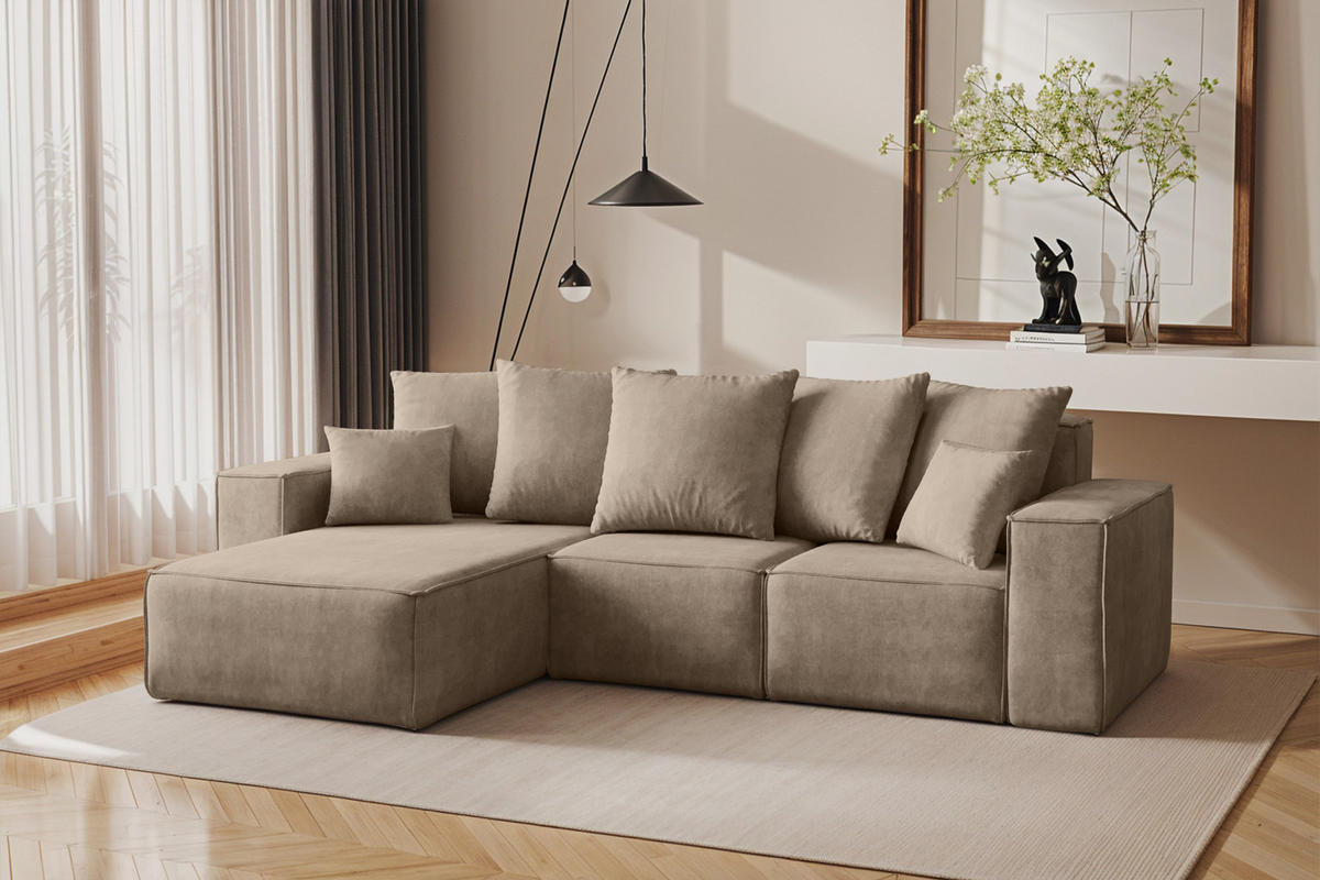 ECKSOFA L-Form Premium Kollektion ELLA Stoff Velours Noel Beige Links - Beige, Holz/Textil (168/262cm) - Kaiser Möbel