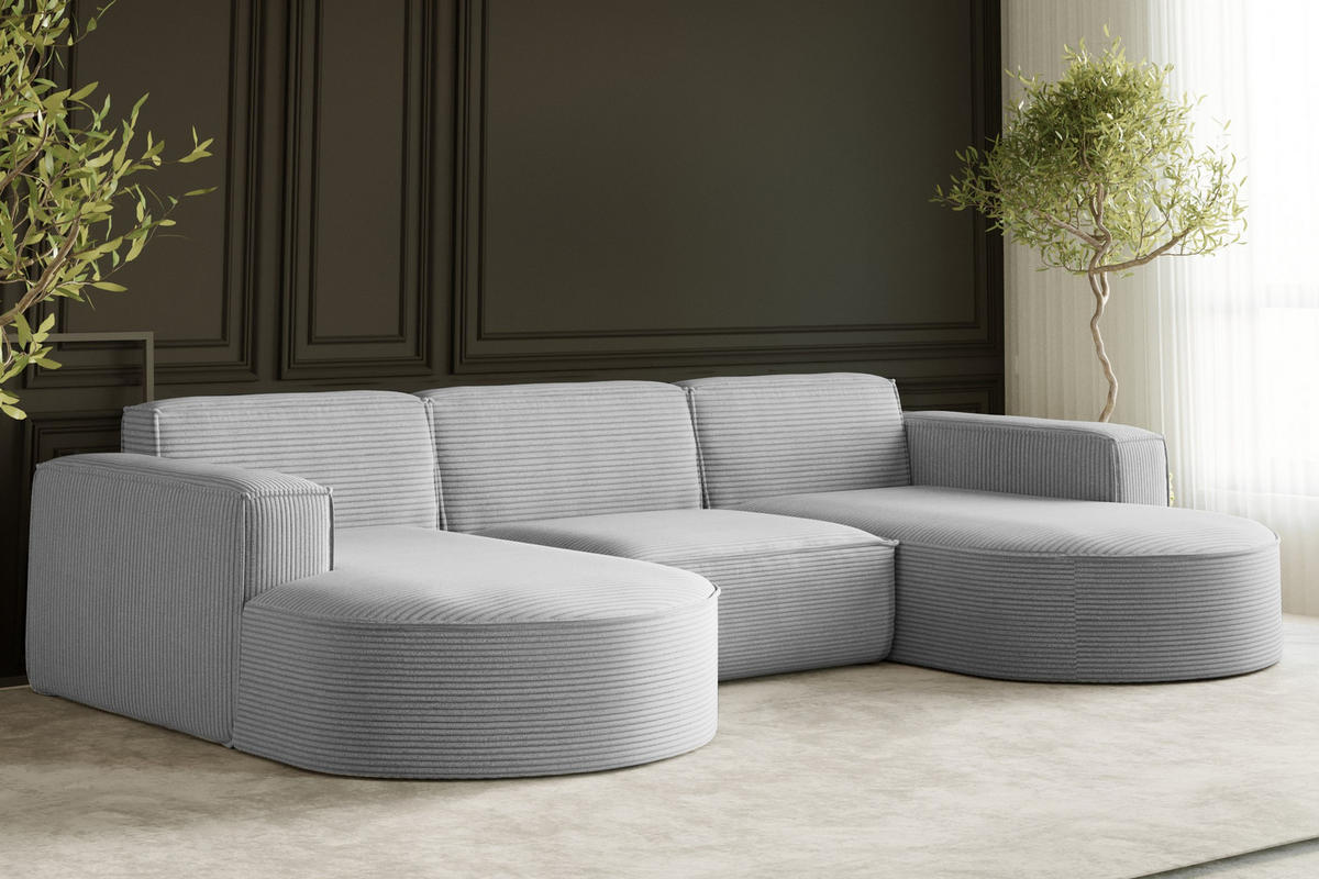ECKSOFA Designer MODENA U STUDIO Stoff Dicker Cord Hellgrau - Hellgrau, Holz (165/299cm) - Kaiser Möbel
