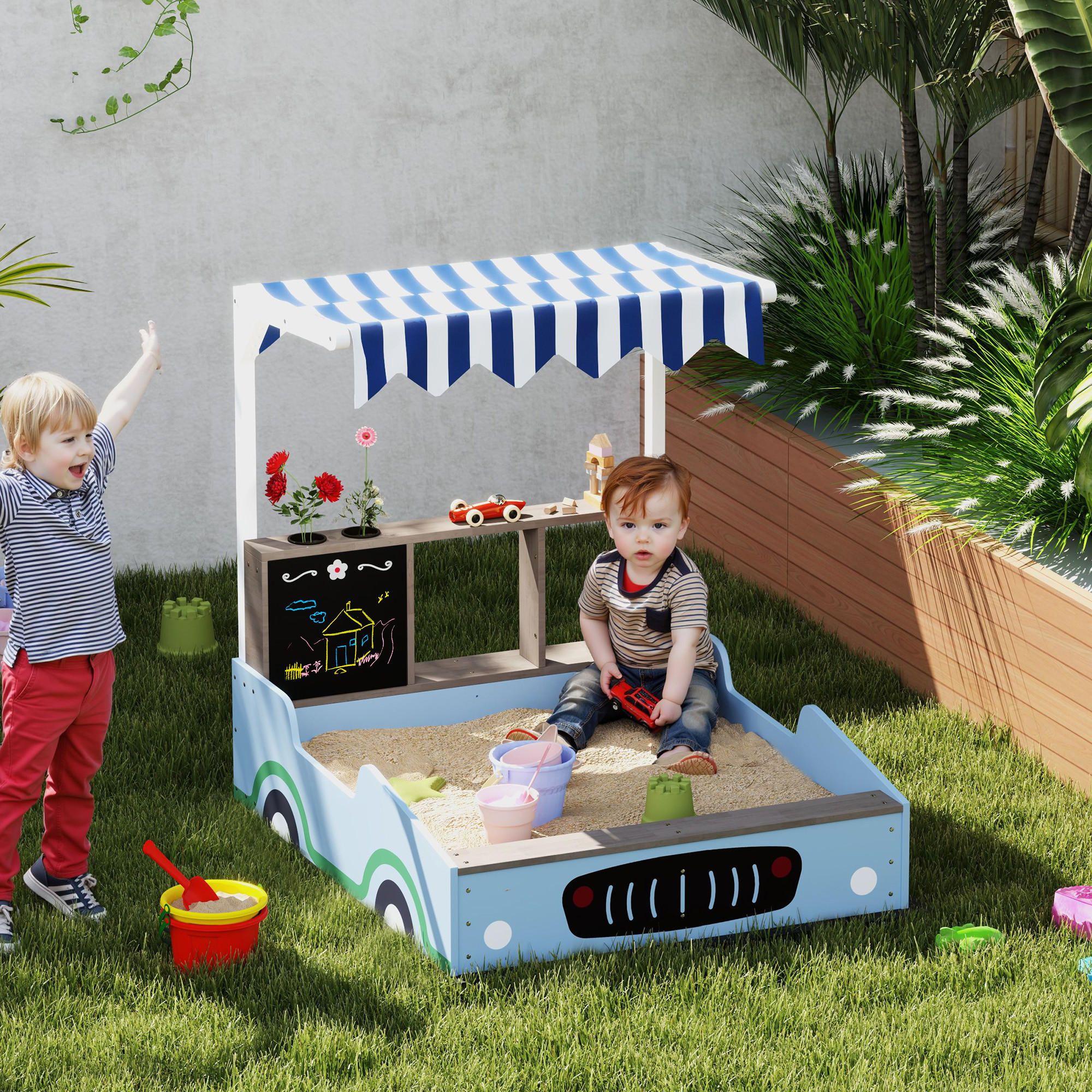 SANDKASTEN mit Dach, 90 x 108 cm Sandkiste aus Holz Sandbox mit Sitzbank Blau - Blau, Holz (108/90/104cm) - AIYAPLAY