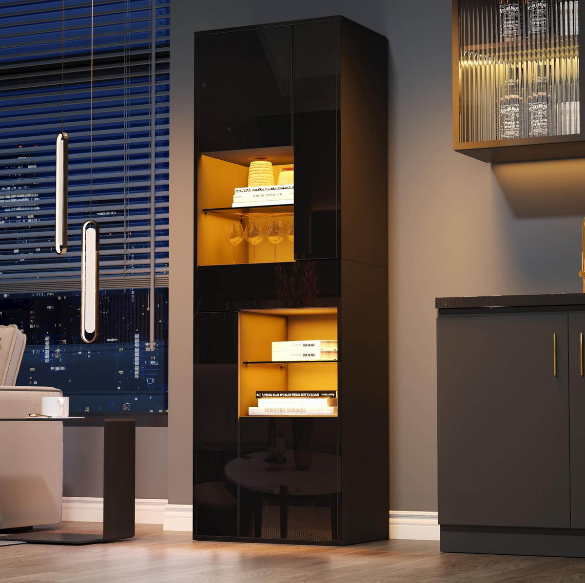 VITRINE 55/38/170 cm Schwarz aus Spanplatte mit LED-Beleuchtung - Schwarz, Holzwerkstoff (38/170/55cm) - OKMYHOME